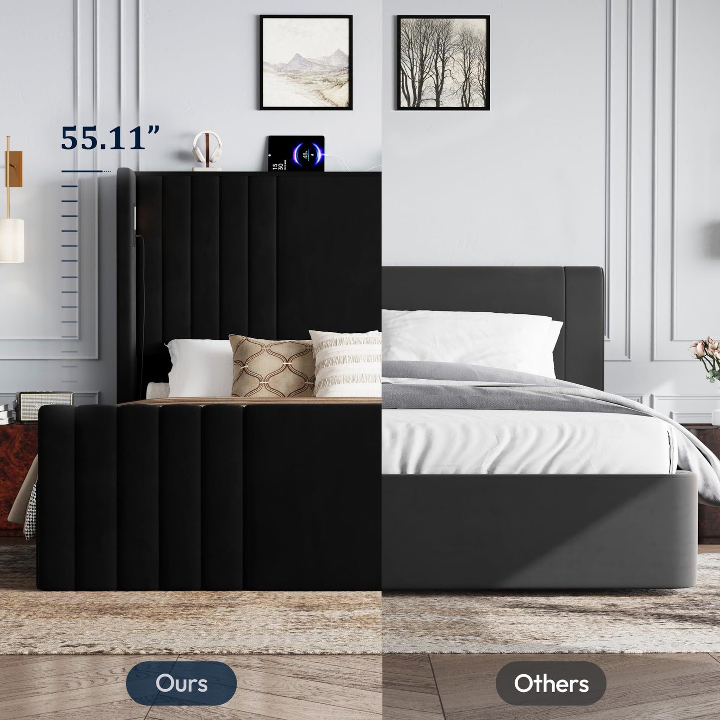 Uteeran Queen Bed Frame with 55.1" Tall Headboard, Velvet Upholstered Platform Bed with Channel Tufted Wingback, 2 Reading Lights/Storage Shelf/Charging Station/Easy Assembly/Noise-Free, Black