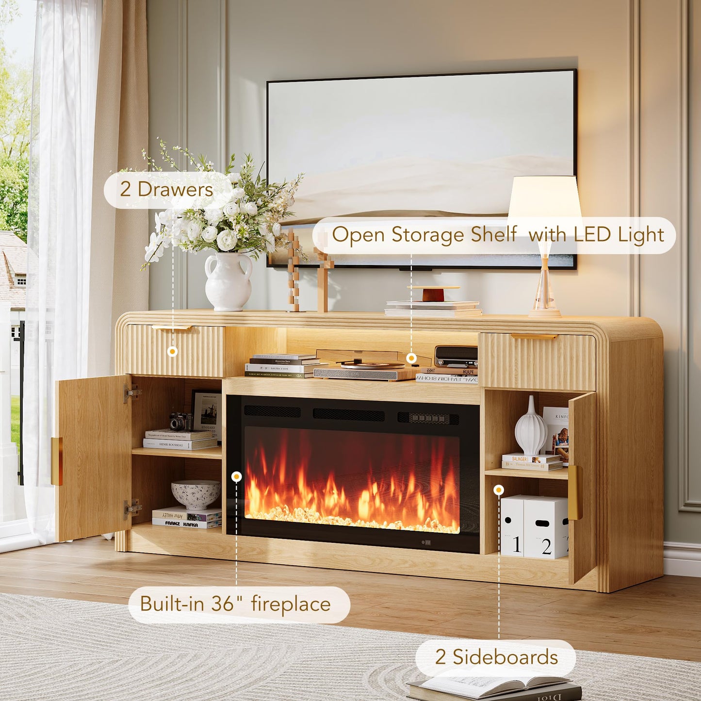 Decofy 70" Fluted TV Stand with 36" Electric Fireplace,Entertainment Center for TVs Up to 80",Mid Century Modern TV Cabinet with Adjustable Shelves & LED Light, Media TV Stands for Living Room