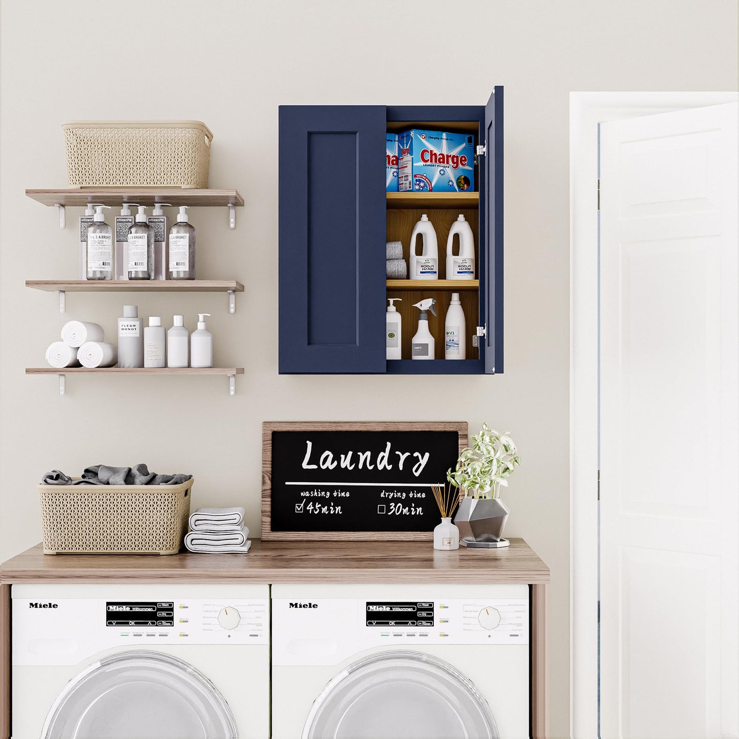 Mkosoll 24 Inch Medicine Cabinet Wall Mounted, Solid Wood Over The Toilet Storage Cabinet, Bathroom Organizer Cabinets with 2 Door & Shelves, Easy to Assemble for Laundry Room, Kitchen, Garage - Blue