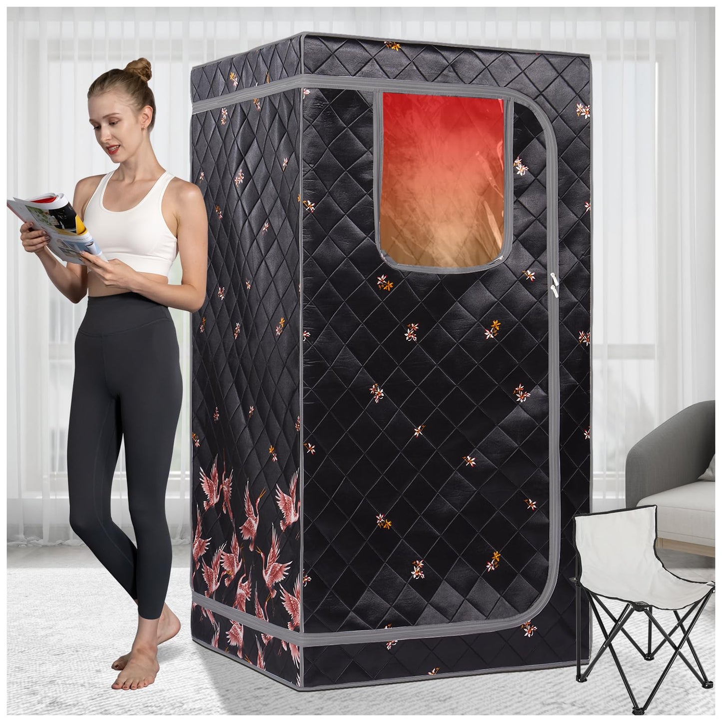 Smartmak Portable Far Infrared Sauna, Full Size Indoor Sauna Tent, Personal Infrared Sauna Spa for Home, with Heated Footpad and Reinforced Chair (Gray, 33.88" x 33.88" x 66.59")