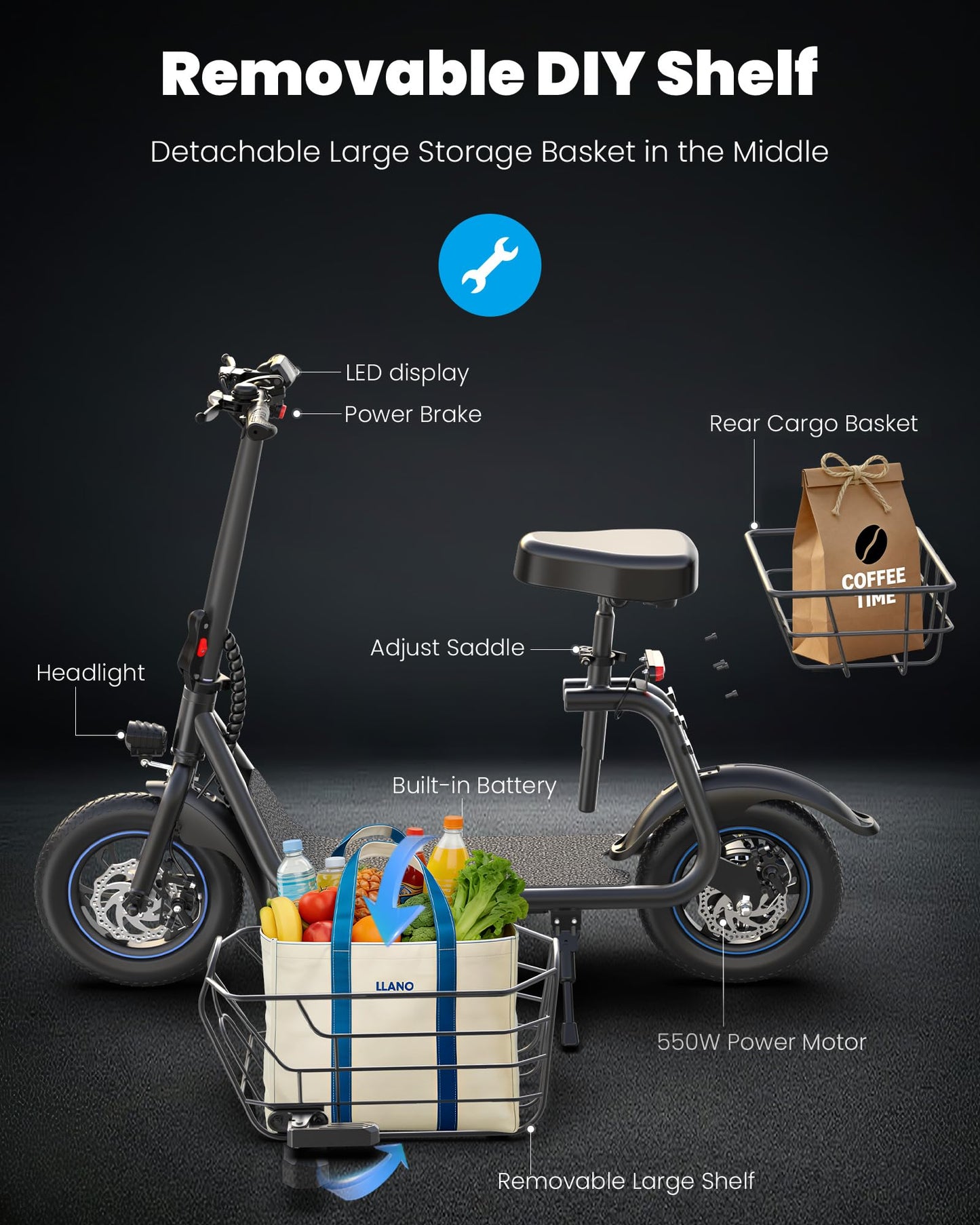 Gyroshoes C1S Electric Scooter for Adults with Seat & Large Basket, 550W Motor, 20 Mile Range, 19MPH, Foldable E-Scooter for Commuting, Pets Dog, Grocery Shopping, Dark
