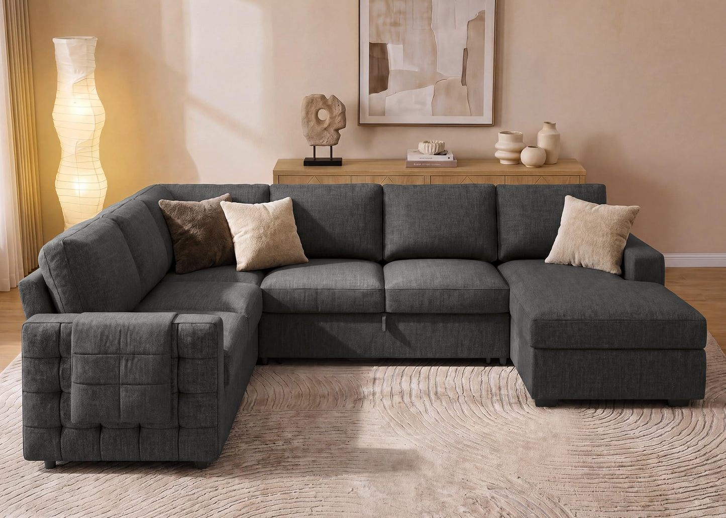 HONBAY Sectional Sleeper Sofa with Pull-Out Bed Storage Chaise, 6 Seater Couch for Living Room, Middle Grey