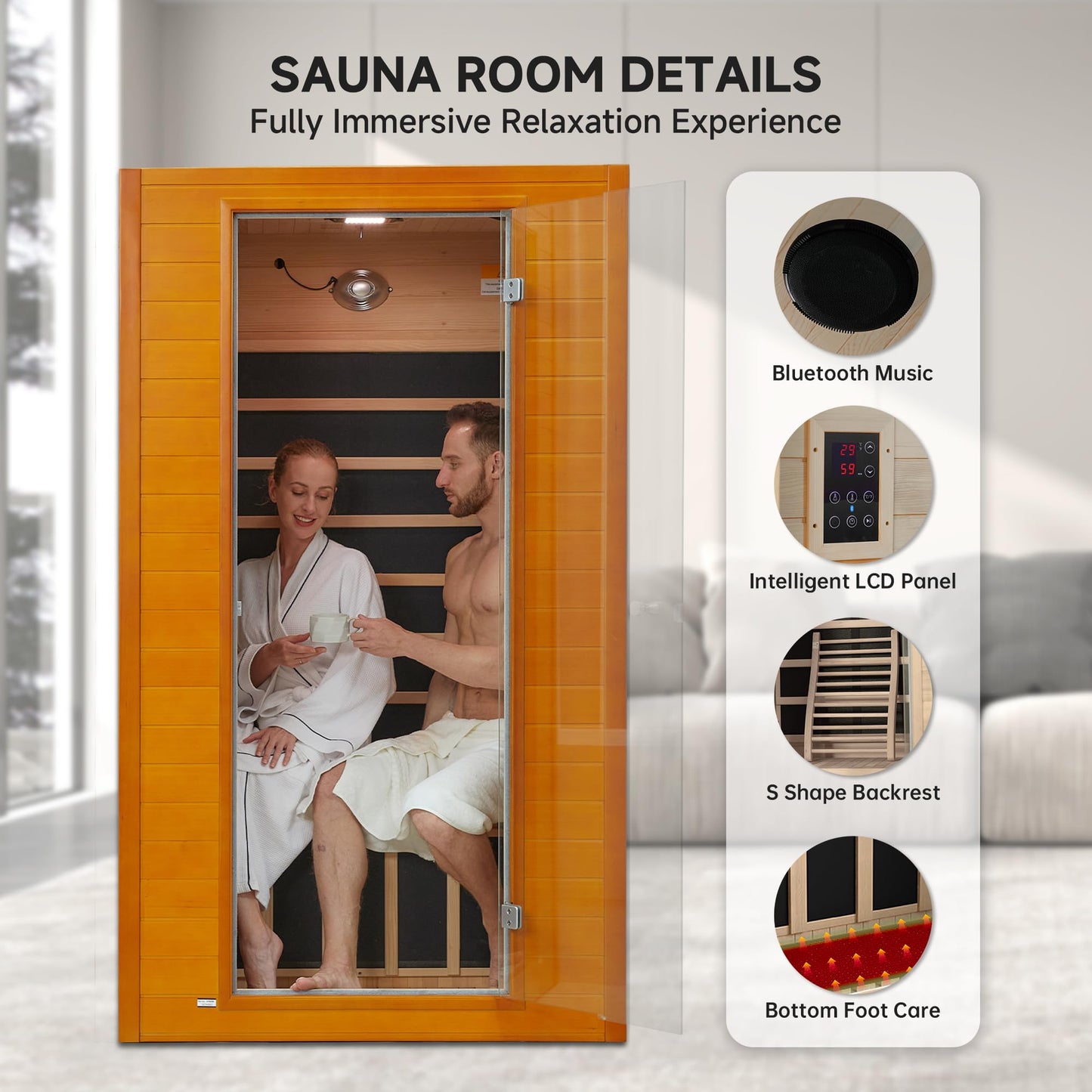 springspa Far Infrared Sauna for Home, Home Infrared Saunas up to 2 Person, Indoor Canadian Hemlock Wood Sauna Room with Near Zero Emf, 9 Chromo Therapy Lights, Bluetooth Speakers for Personal Spa
