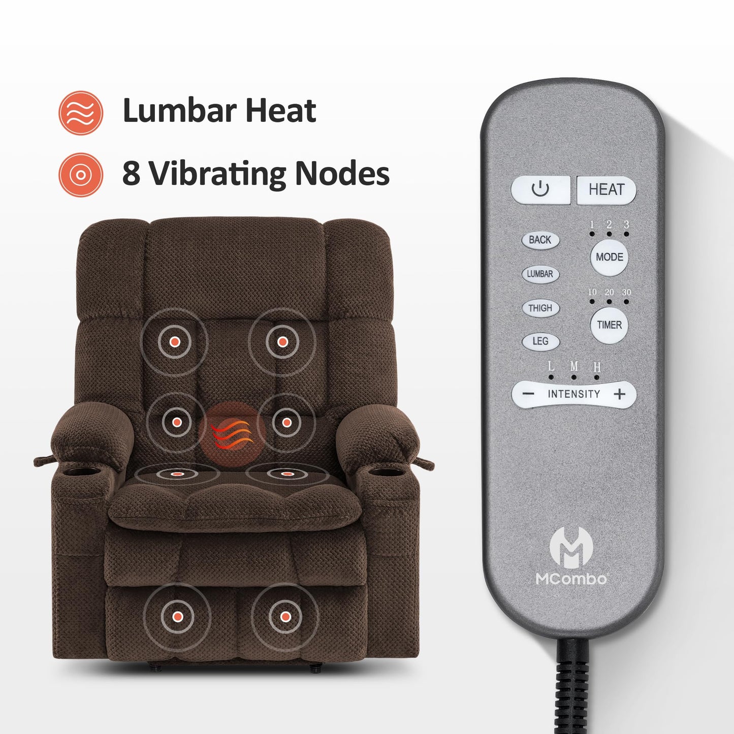 MCombo Oversized Power Lift Recliner Chair for Elderly, Dual Motor Lift Chair with Heat and Massage, Lay Flat Lift Chair for Big and Tall, Cup Holders, Fabric R7891 (Oversize, Mocha)