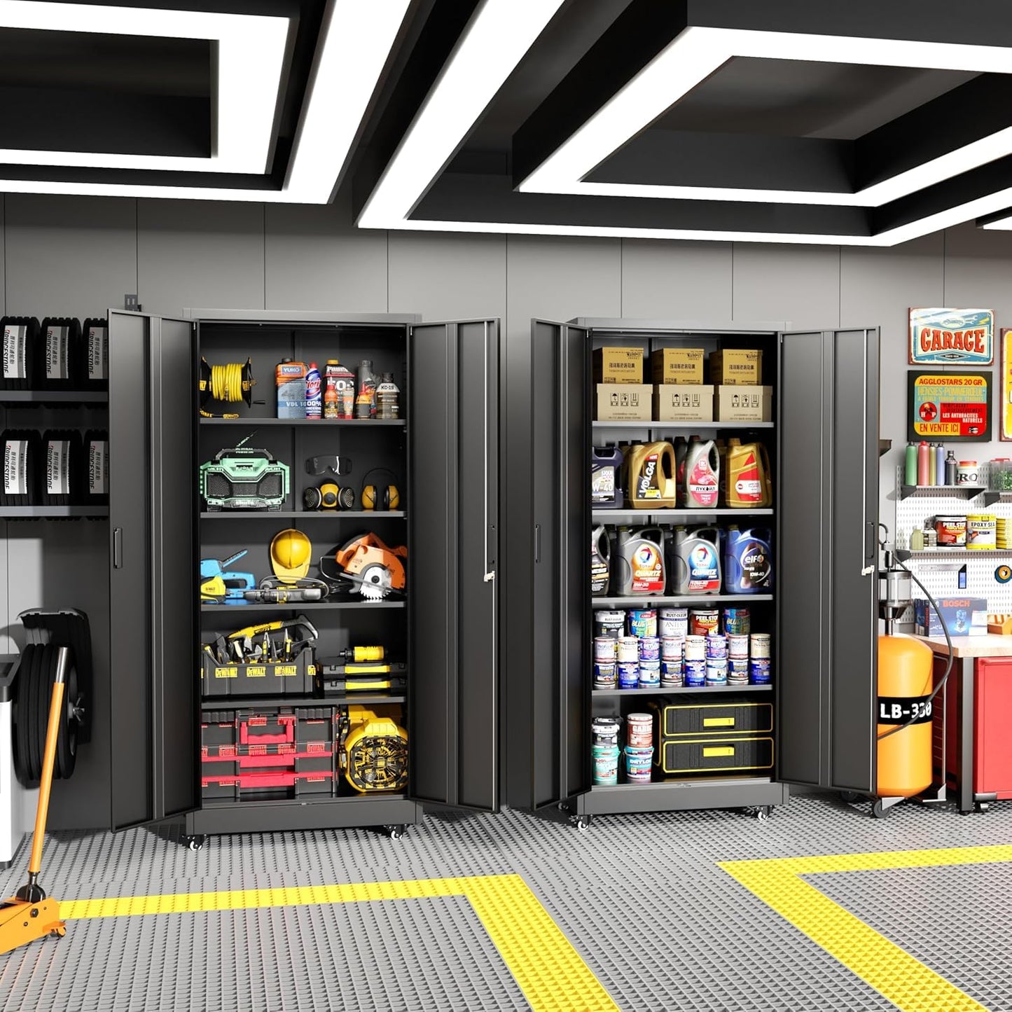 Greenvelly 73" Metal Storage Cabinet with Wheels, Black Garage Storage Cabinet with 4 Adjustable Shelves and Locking Doors, Garage Rolling Storage Cabinet for Warehouse, Garage, Home Office, School
