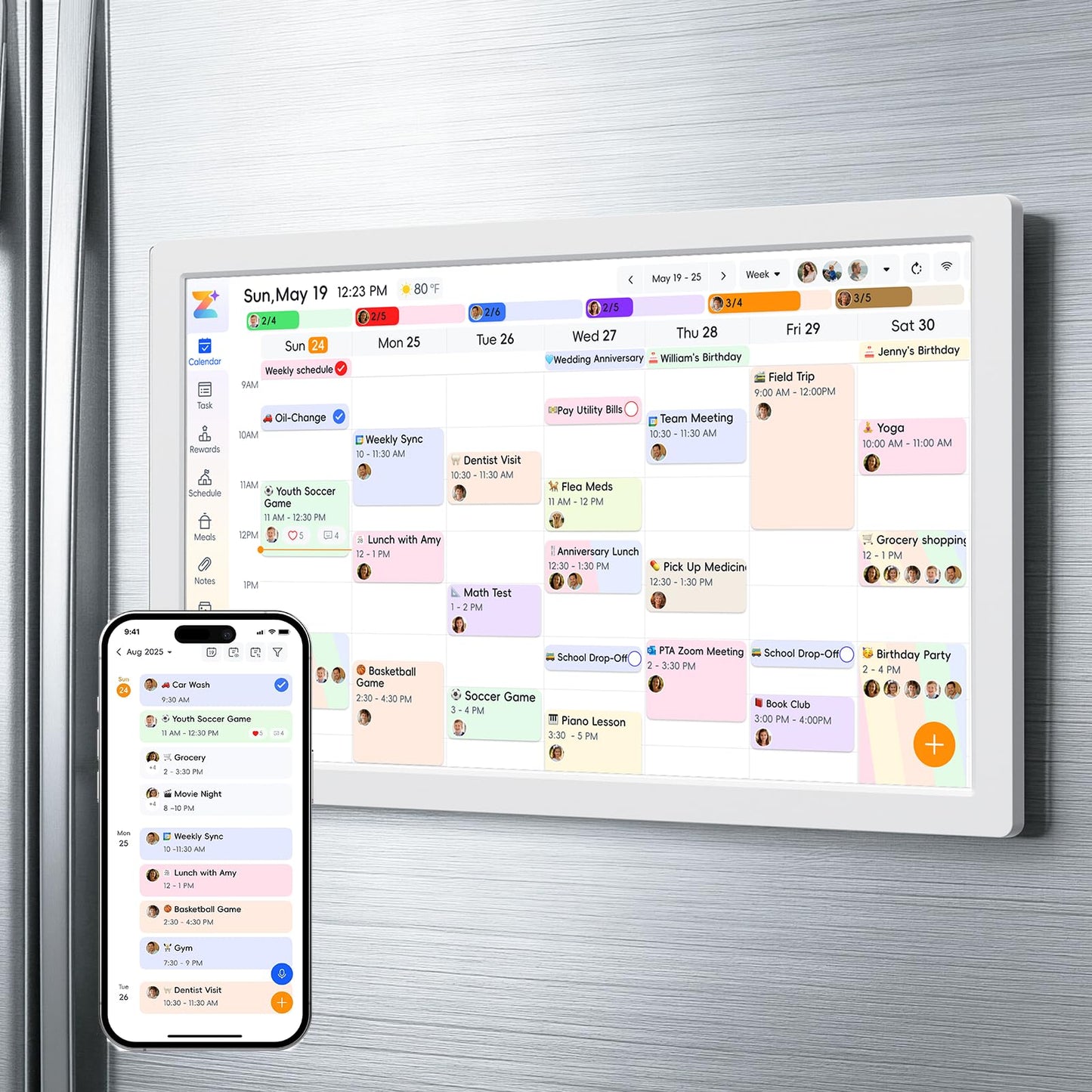 JSUSOU 24 Inch Magnetic Digital Smart Calendar for Refrigerator - Free APP & Touch Screen Chore Chart, Family Schedule Organizer & Interactive Electronic Calendar, Fridge/Wall Mountable, White