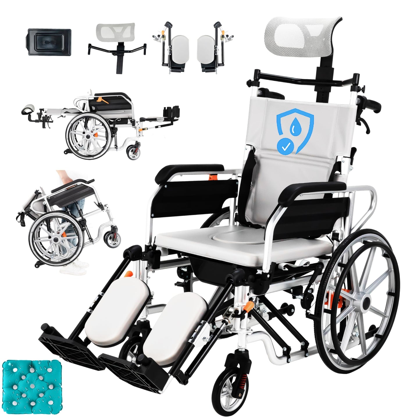 5-in-1 Reclining Wheelchairs, Waterproof Shower Bathroom Wheelchair, Elevating Leg Rests and Potty, 18.5" Wide Seat Heavy Duty Transport Wheelchairs for Adults, with Backpack& Removable Headrest