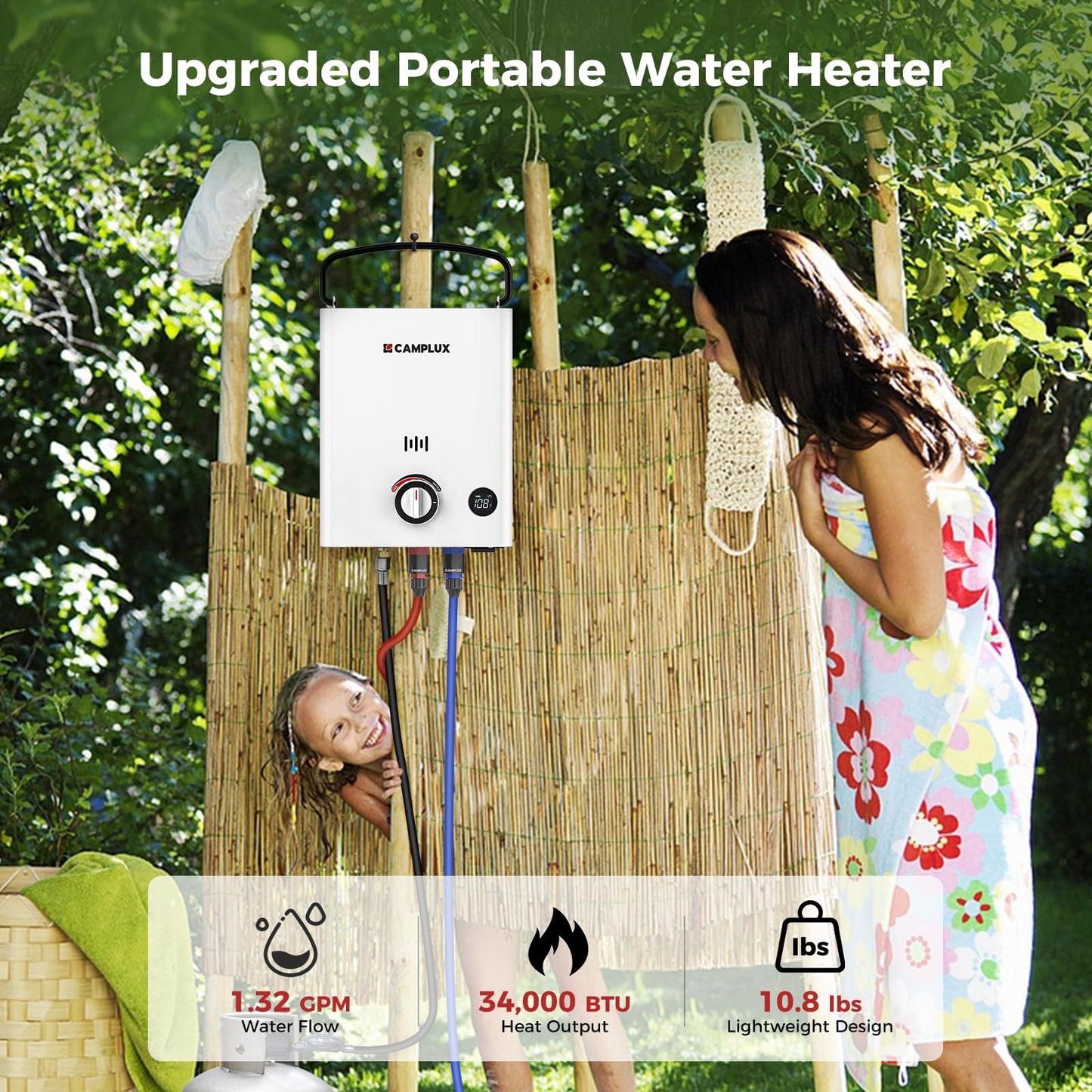 CAMPLUX Propane Portable Water Heater 1.32 GPM 34,000 BTU, First F5 Pro, with 1.2 GPM Pump Kit for RVs, Campings & Cabins, Ultra Portable Design, Easy Setup