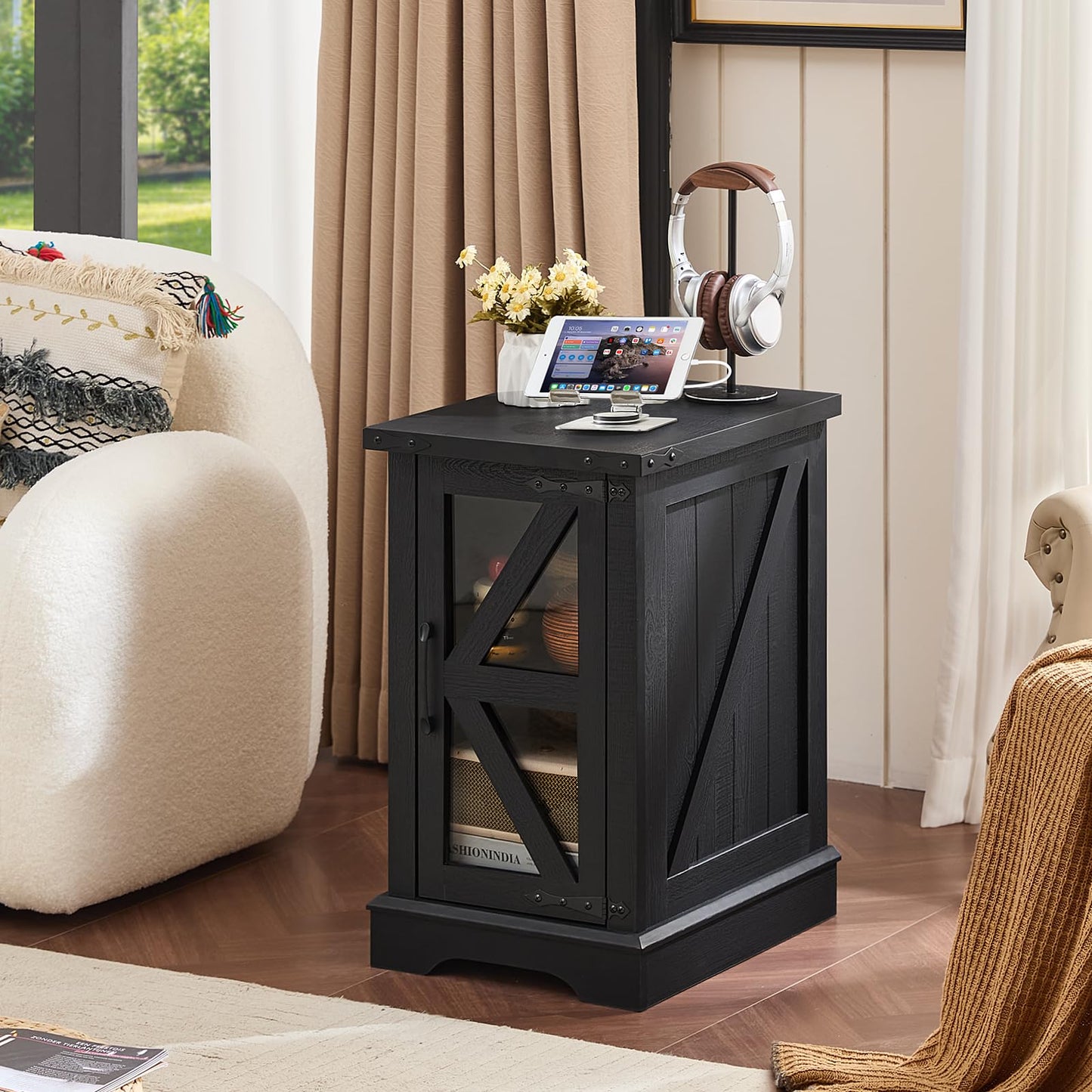 Joaxswe Narrow Night Stand Set 2 with Charger Station, Farmhouse Side End Table with Glass Barn Door Storage, Bedside Tables, Black Nightstand Cabinet Organizer for Small Spaces Living Room Bedroom