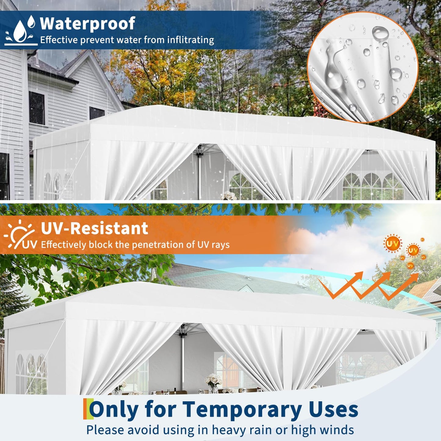 Garvee 10x20 Pop Up Canopy Tent with 6 Removable Sidewalls, Easy Up Commercial Canopy Tents for Parties, Large Heavy Duty Outdoor Canopies with 3 Adjustable Heights, Stakes X18, Ropes X6, White