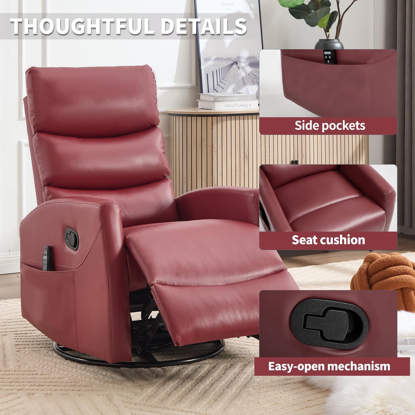 KEIKI 4-in-1 Manual Swivel Rocker Recliner Chair for Home Living Room, Faux Leather Chair with Back Massager & Heat, Home Theater Seating with Lumbar Support, Comfy Reading Chairs for Adults, Red