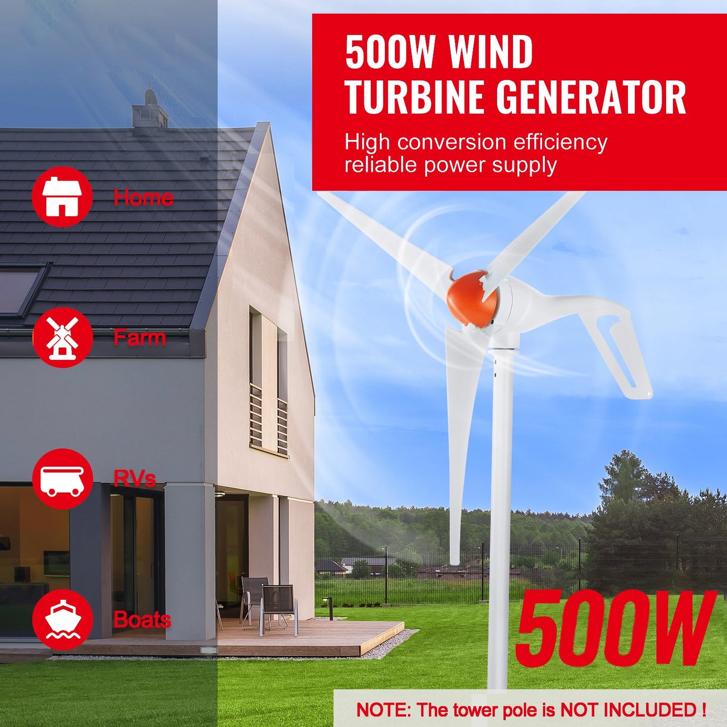 Happybuy 500W Wind Turbine Generator with Anemometer, 12V Wind Power Kit, 3-Blade Wind Generator, MPPT Controller & Adjustable Windward Direction, Ideal for Home, Farm, RVs, Boats