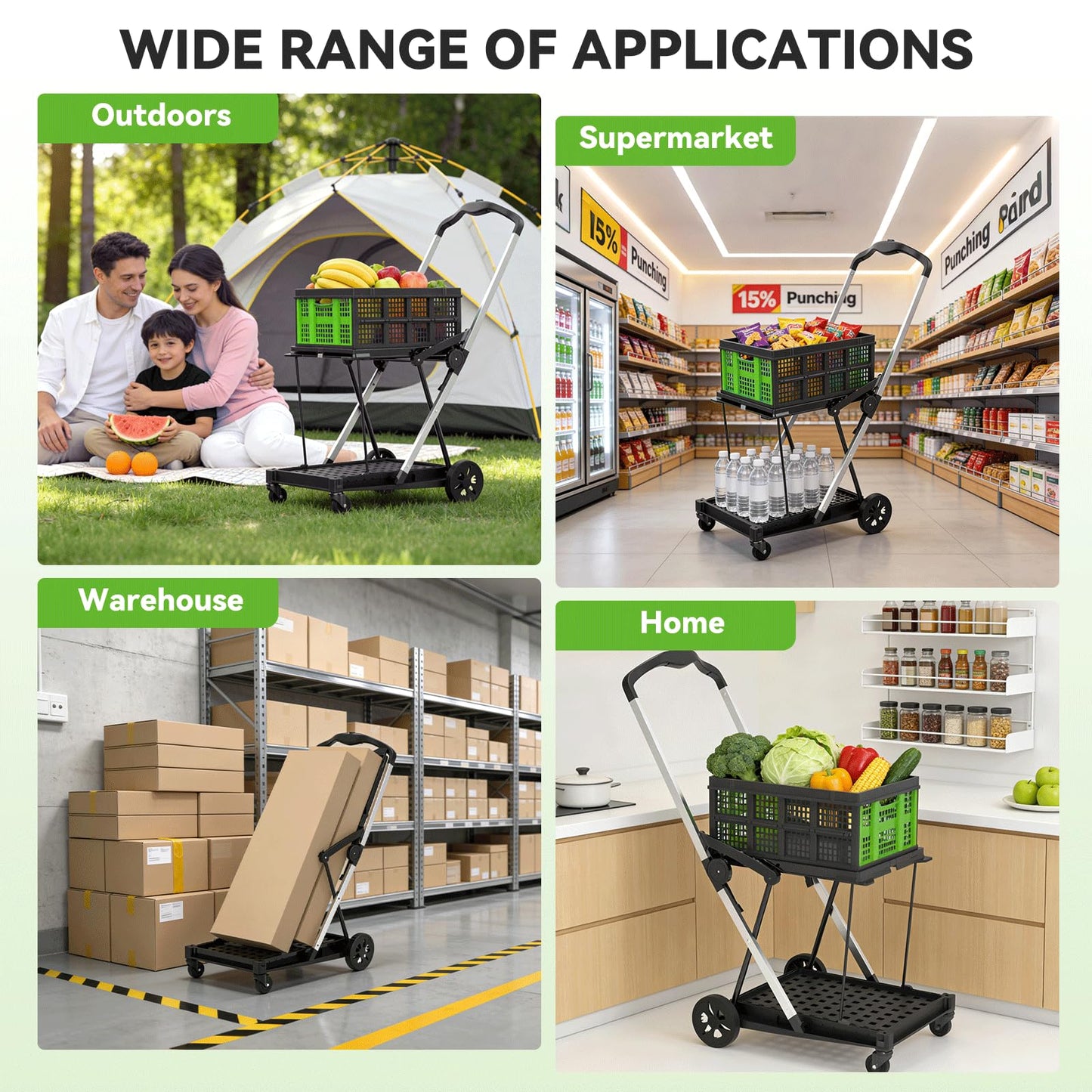 Collapsible Shopping Cart with Wheels,2 Tier Multi Use Foldable Shopping Cart with 2 Storage Crates,Folding Shopping Trolley Utility Cart for Office,Groceries, Warehouse,Supermarket,Picnic (Green)