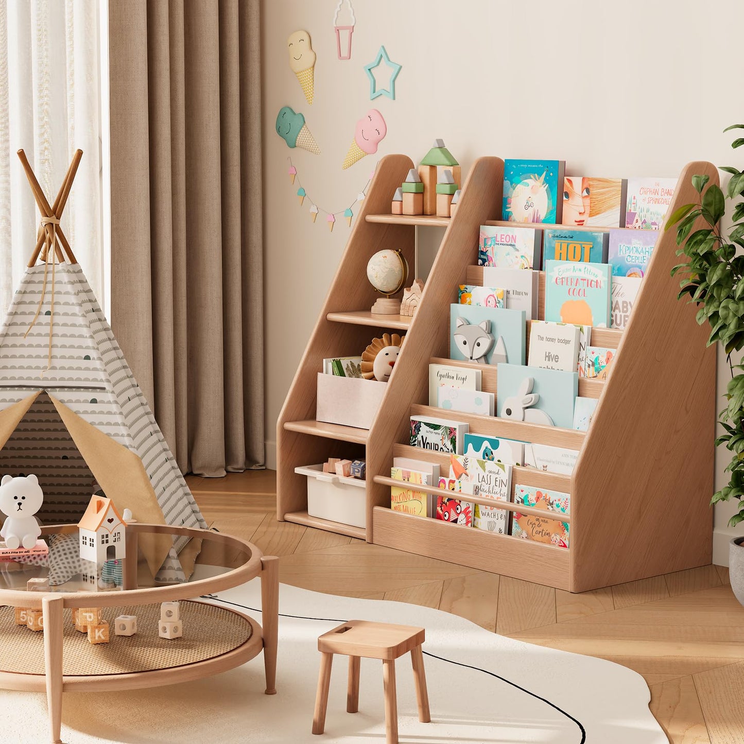 DONGMUWUJEE Solid Wood Kids Bookshelf and Storage Organizer, 7 Layer Children Bookcase, Baby Toddler Wooden Book Shelf, Display Cabinet for Playroom, Bedroom, Classroom, Nursery, School, Natural
