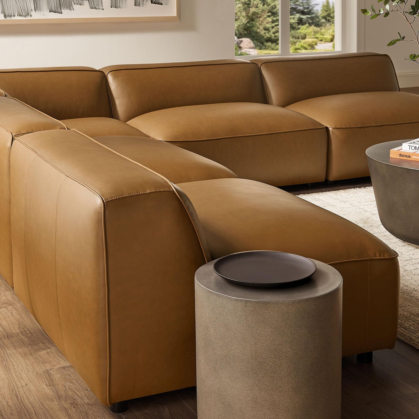 Modway Auren Vegan Leather 5 Piece Armless Modular Sofa in Camel - Faux Leather L Shaped Sectional - Comfy Modern PU Leather Sofa - Oversized Mid Century Modern Couch for Living Room