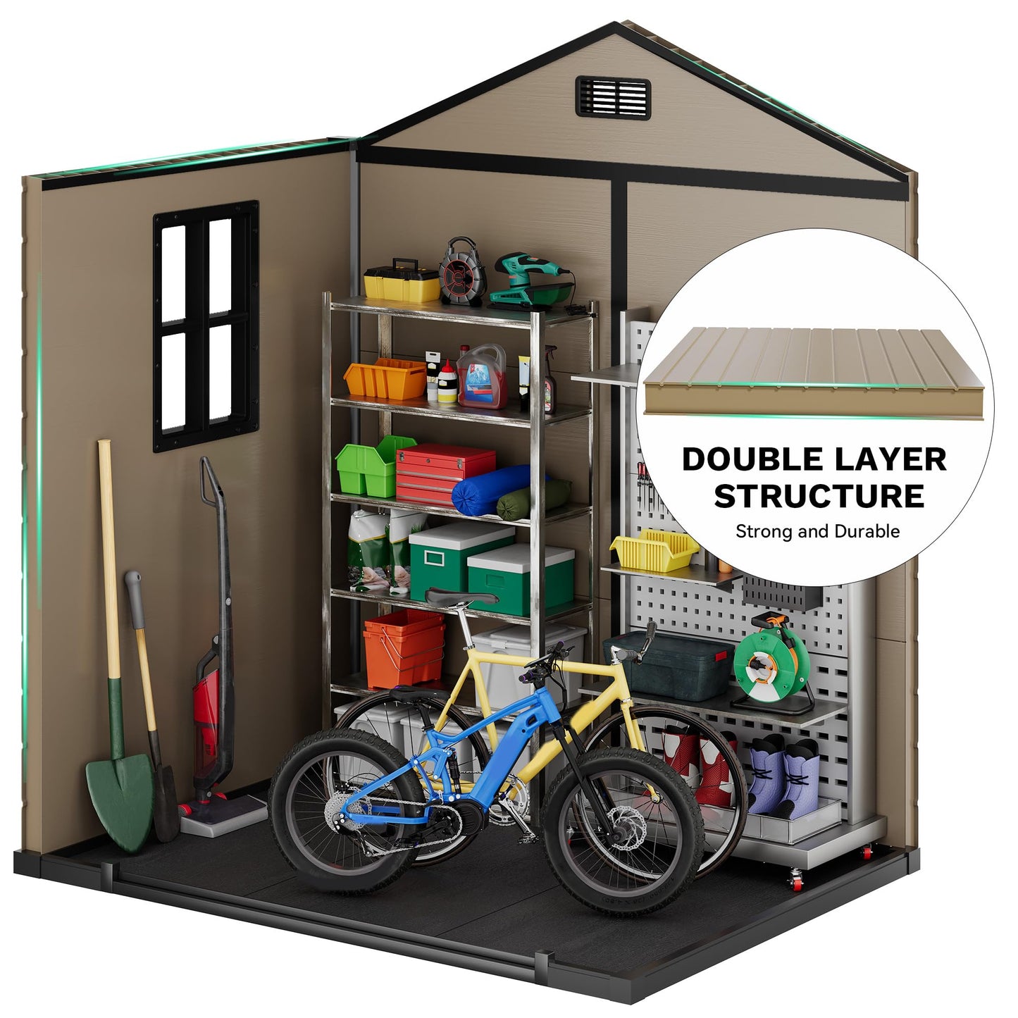 DWVO Outdoor Storage Shed, All-Weather Resin Plastic Storage Shed with Windows, Slanted Roof, Raised Floor, Capacity for Garden Tools/Equipment, Ideal for Backyard Garden
