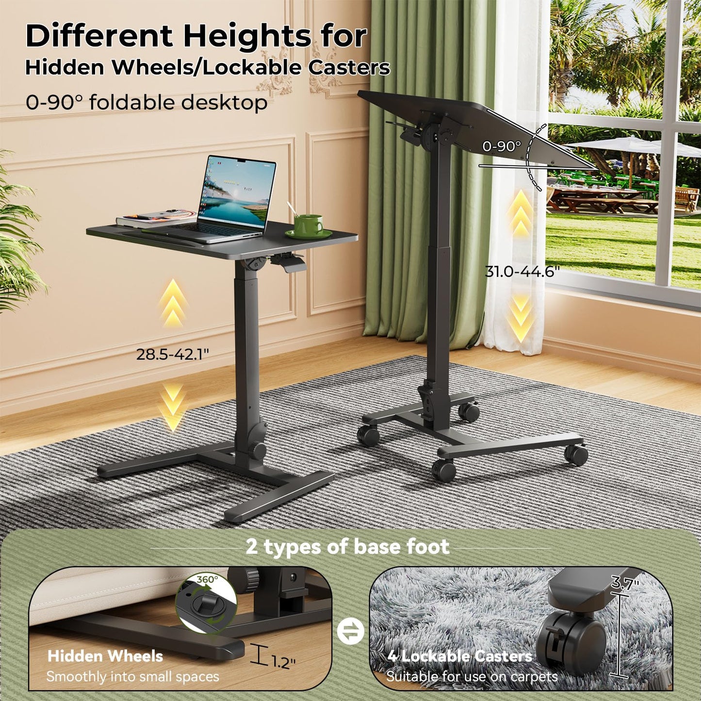 Gibbon Mounts Foldable Standing Desk，Small Mobile Sit-Stand Desk with 90 Tiltable Top，Rolling Rising Laptop Workstation Adjustable Height，Portable Table on Hidden Wheels/4 Lockable Casters，Black