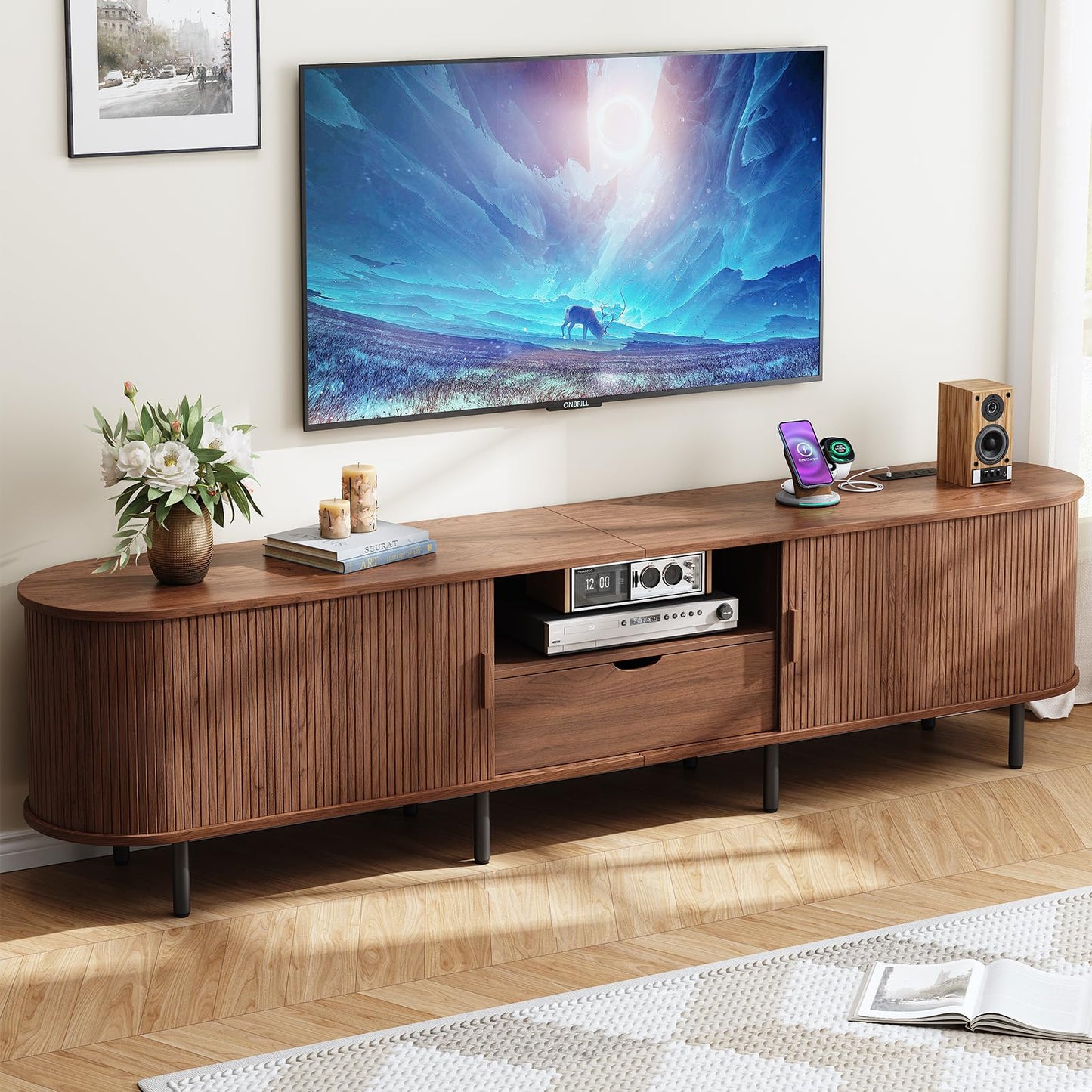 ONBRILL 86.6" TV Stand with Power Outlet for TVs up to 90", Entertainment Center with Storage and Drawer, TV Console with Adjustable Shelves and Sliding Door, TV Stand for Living Room, Bedroom, Walnut