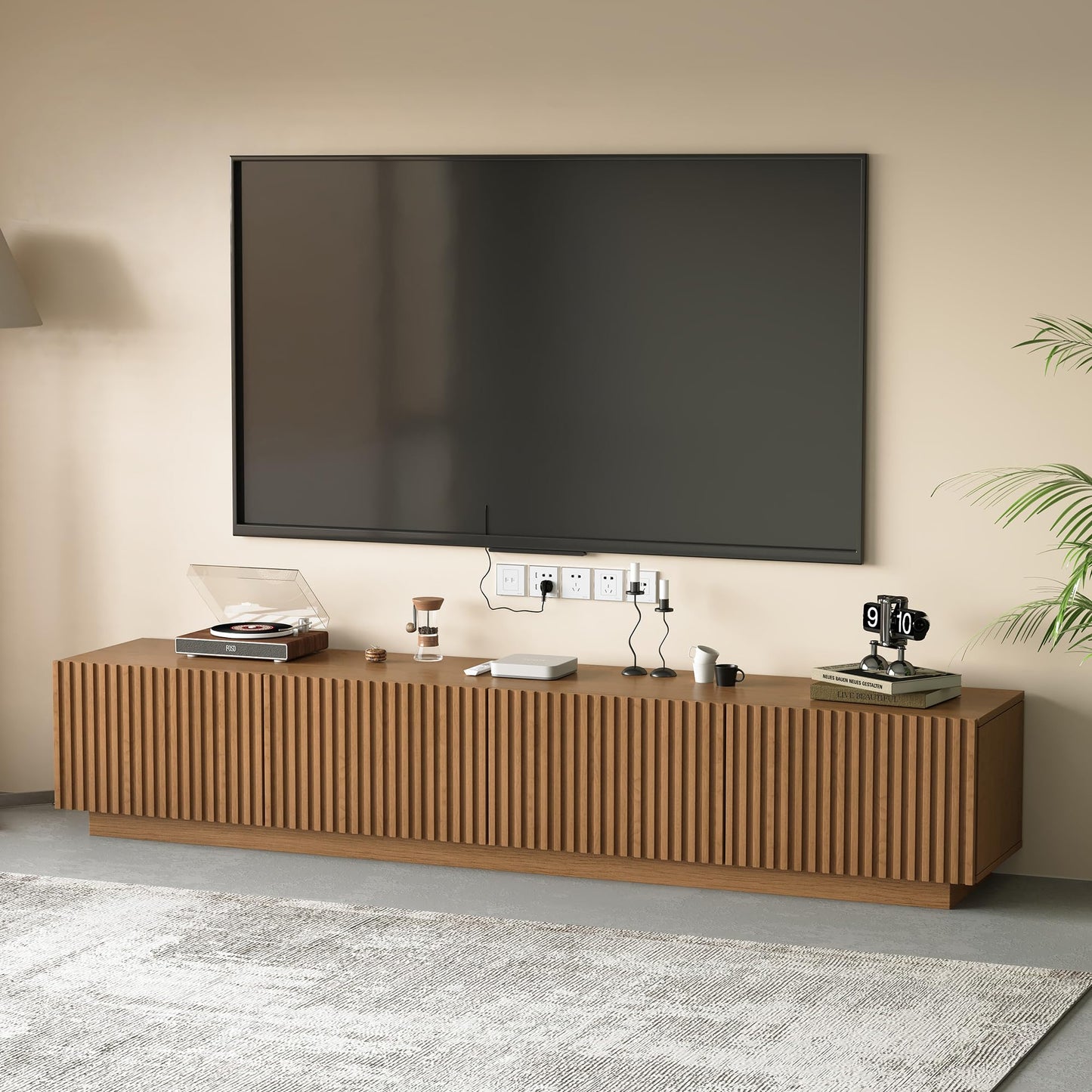 DinaiteEain 86.61" Mid Century Modern TV Stand for TVs up to 85 Inch, Walnut Media Console with 4 Doors & Large Storage, Entertainment Center for Living Room or Bedroom