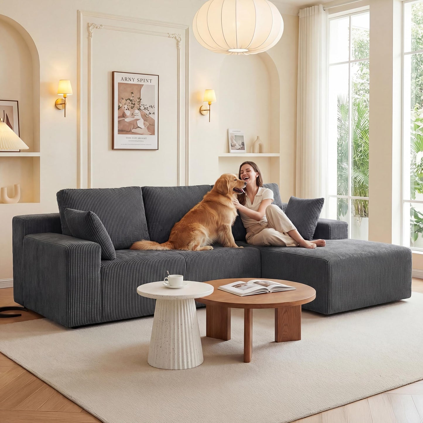 GRUSIGN Cloud Sectional Boneless Couches for Living Room, Modular L Shaped Couch with Deep Seat Oversized Right Facing Chaise, Memory Foam Compressed Spineless 3 Seater Sofa, Grey