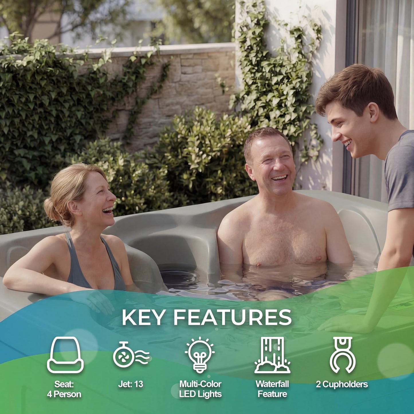 Lifesmart 4-Person Plug & Play Square Hot Tub Spa with 13 Jets, 1.0 HP Pump, Thermal Cover and LED Light, Outdoor Spa, Taupe