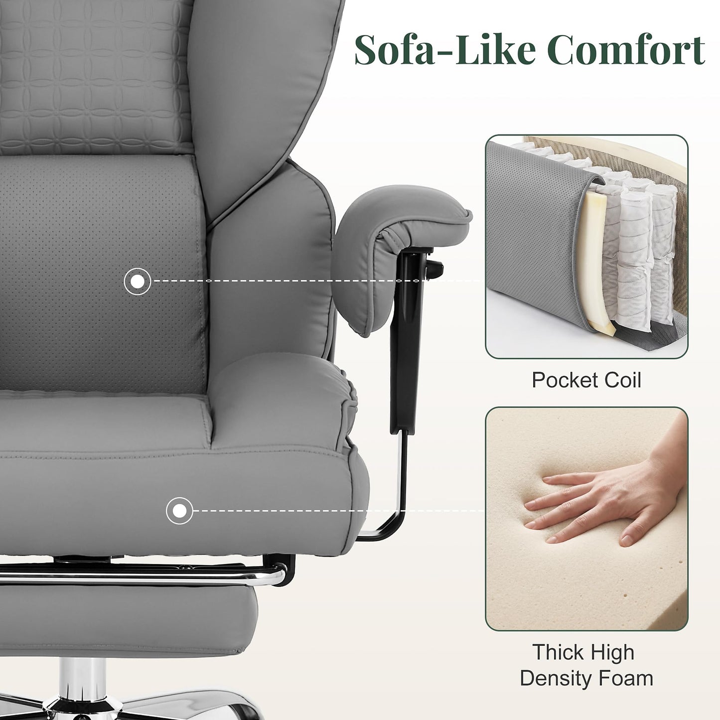 HAPPYMONT Big and Tall Ergonomic Office Chair,350 lbs,High Back Reclining PU Leather Gaming Chair with Footrest, Adjustable Armrests, Lumbar Support, Executive Desk Chair for Home Office, Grey