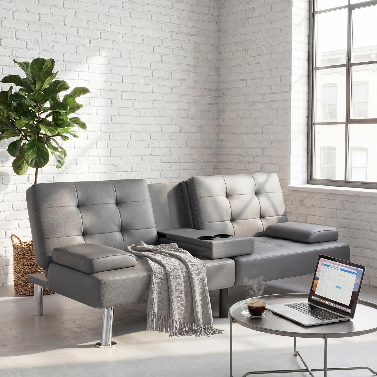 YESHOMY Modern Futon Sofa Bed, Convertible Futon Couch with Adjustable Backrest, Futon Loveseat Sleeper Sofa Bed with Armrest for Living Room, Small Spaces,PU Leather, Gray