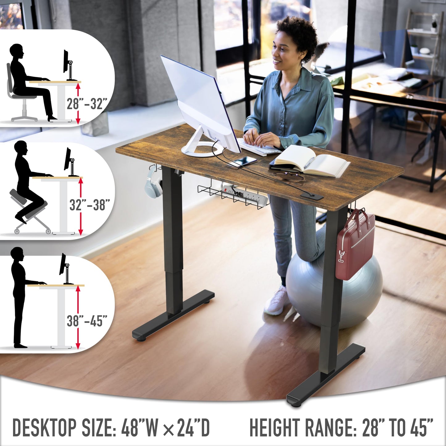 SHW 48-Inch Electric Height Adjustable Standing Desk with Drawer, Memory Preset and Cable Management Tray, Rustic Brown
