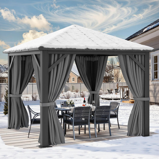 YITAHOME 10X10FT Metal Hardtop Gazebo Outdoor Patio Single Top Canopy Galvanized Iron Aluminum Column Garden Tent Curtains Netting for Backyards Decks Lawns,Gray