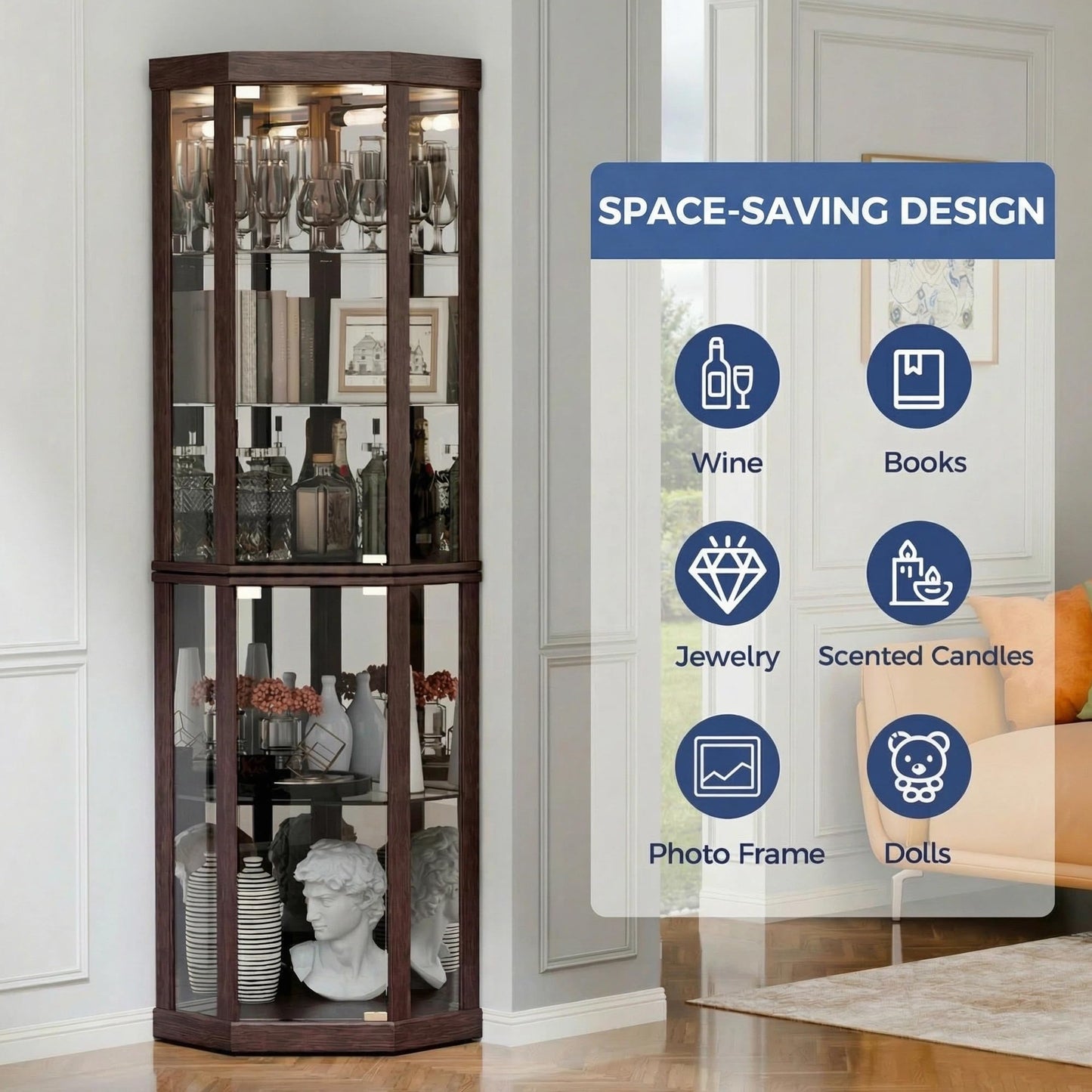 Topcomfy Corner Curio Cabinet, Lighted 3-Side Glass Display Curio Cabinet with Tempered Glass Doors & Adjustable Shelves, Wine Bar China Cabinet with Bulb for Living Room (Dark Cherry)
