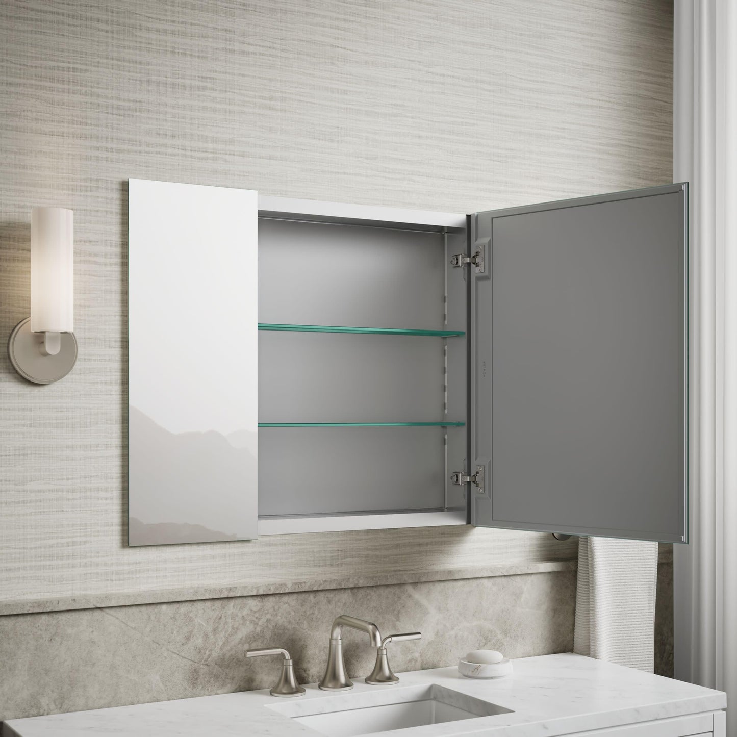 Kohler 55064-NA Embark Slim Medicine Cabinet Mirror, Adjustable Shelves with Mirrored Doors, 30 in. W x 26 in. H