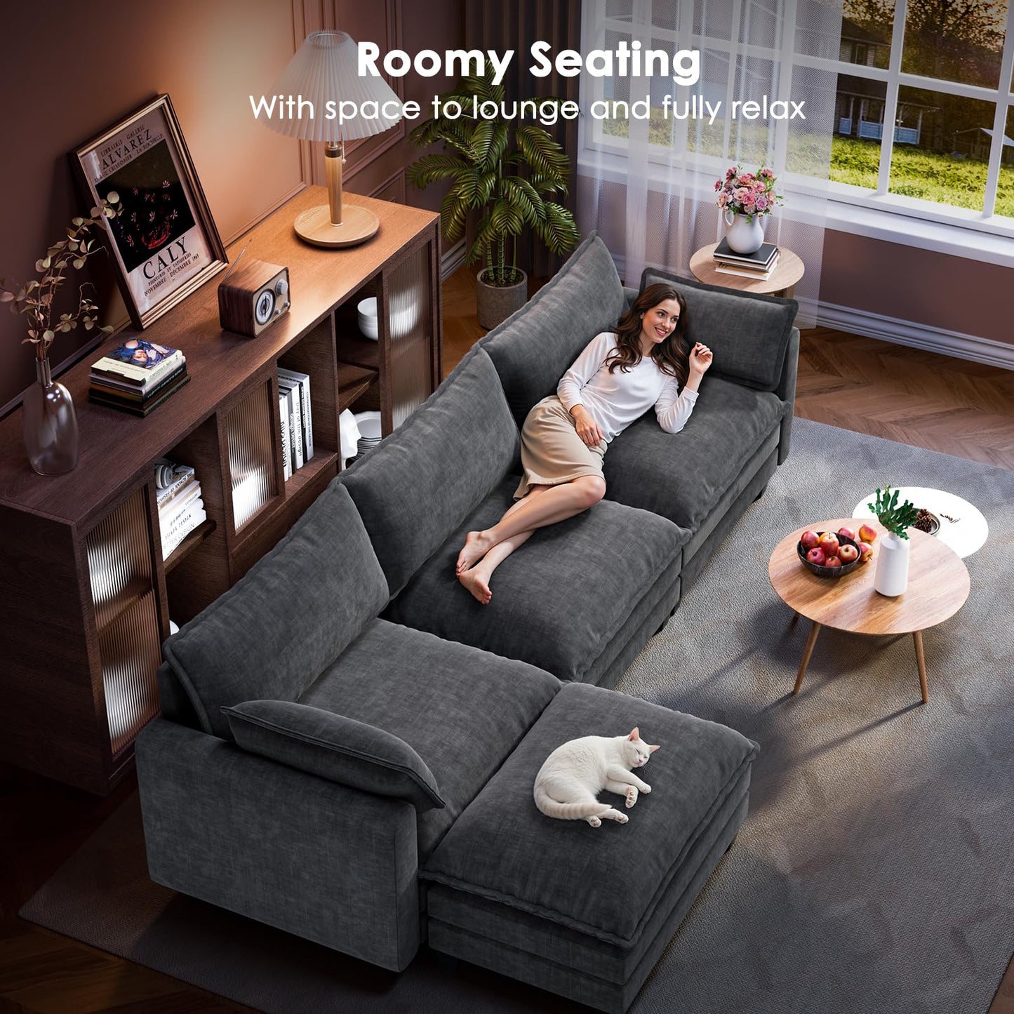 Marsail Modular Sectional Sofa 110.6" U-Shaped Modern Comfy Cloud Couch, 5-Seat Chenille Deep Seat Sofa with Throw Pillow & Movable Ottoman for Living Room, Bedroom and Apartment, Slate Gray