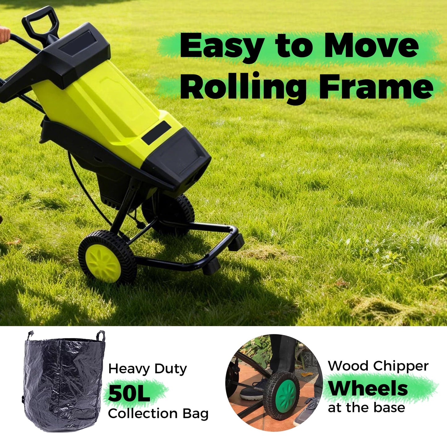 ZHDANB Electric Compost Shredder, Mulching Machine, 50L Collection Bag, 40mm/1,57in Branch Chipper, Electric Leaf Shredder, for Processing Branches, Sticks & Yard Waste Yellow