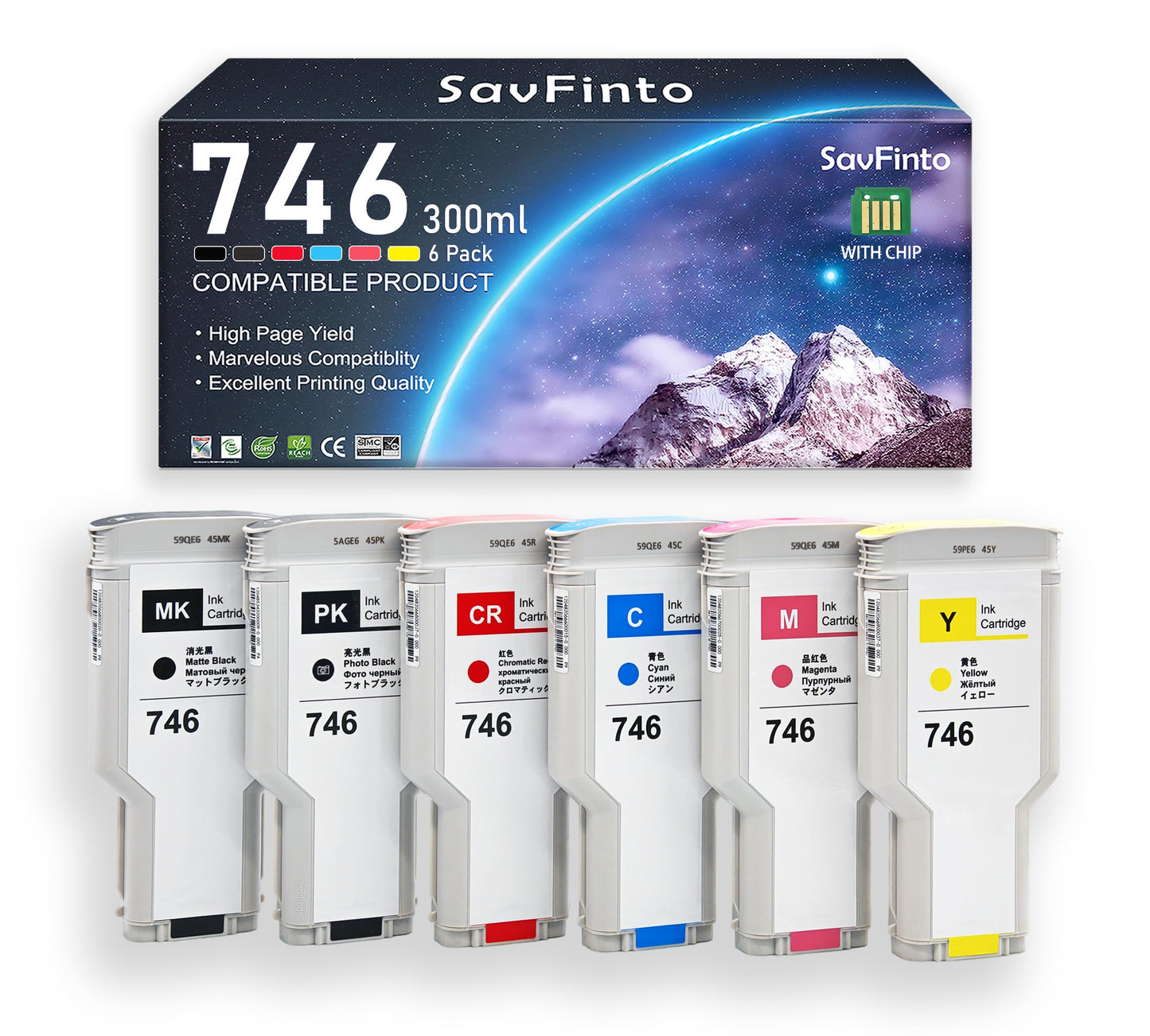 SavFinto 746 746XL Ink Cartridge High-Capacity (300-ml X 6) Compatible with HP DesignJet Z6 & Z9+ Large Format Printer Ink 746XL (P2V82A P2V83A P2V81A P2V80A P2V78A P2V79A，PB/MBK/R/C/M/Y, 6-Pack)
