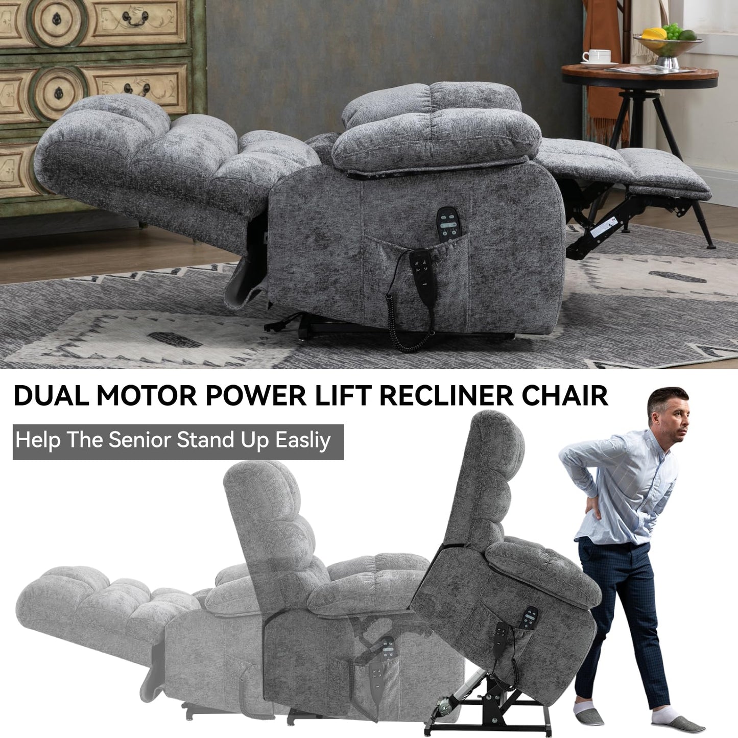 KEIKI Oversized Dual Motor Power Lift Recliner Chair for Elderly, Polyester Upholstery Breathable Rocking Chair with Back Massager and Heated, Home Lounging and Entertainment Center, Grey