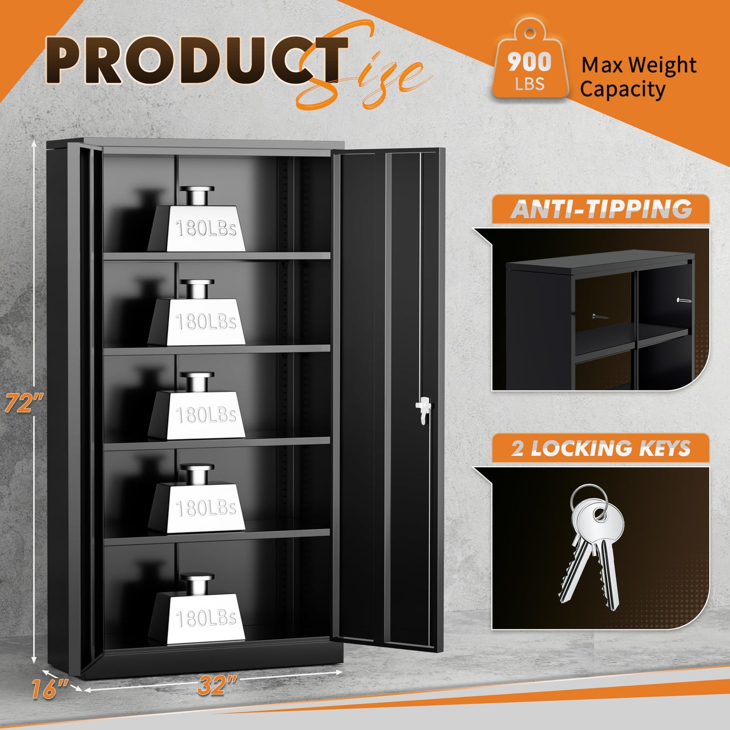 INTERGREAT Metal Storage Cabinet with Shelves, 72" Locking Steel Cabinets with 2 Door and 4 Adjustable Shelves, Tall Metal Cabinet for Home Office, Garage, Warehouse,Black