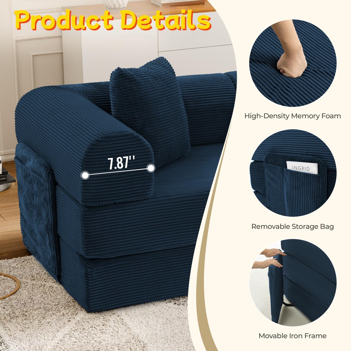 Topcomfy 106.3" Modular Sectional Sleeper Sofa with Metal Frame Support, Convertible 4-Seater L-Shaped Cloud Couch for Living Room, Corduroy Memory Foam Pit Sofa, Blue