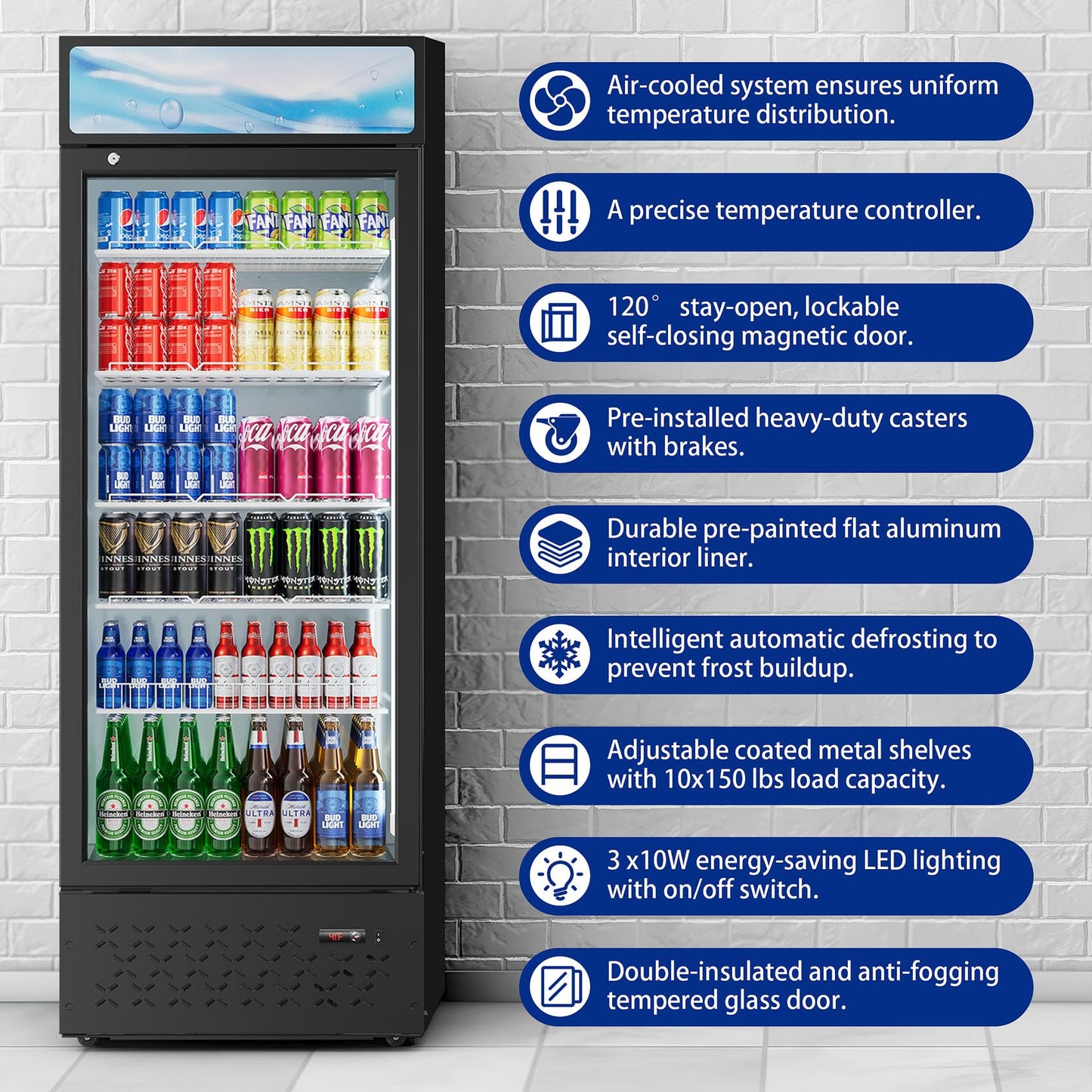 Beverage Cooler Commercial Refrigerator 15.2 Cu.Ft. Glass Door Display Refrigerator with LED Light, 5 Shelves, Display Commercial Beverage Refrigeratorfor Restaurant Cafe Bar Store (15.2 Cu.Ft.)