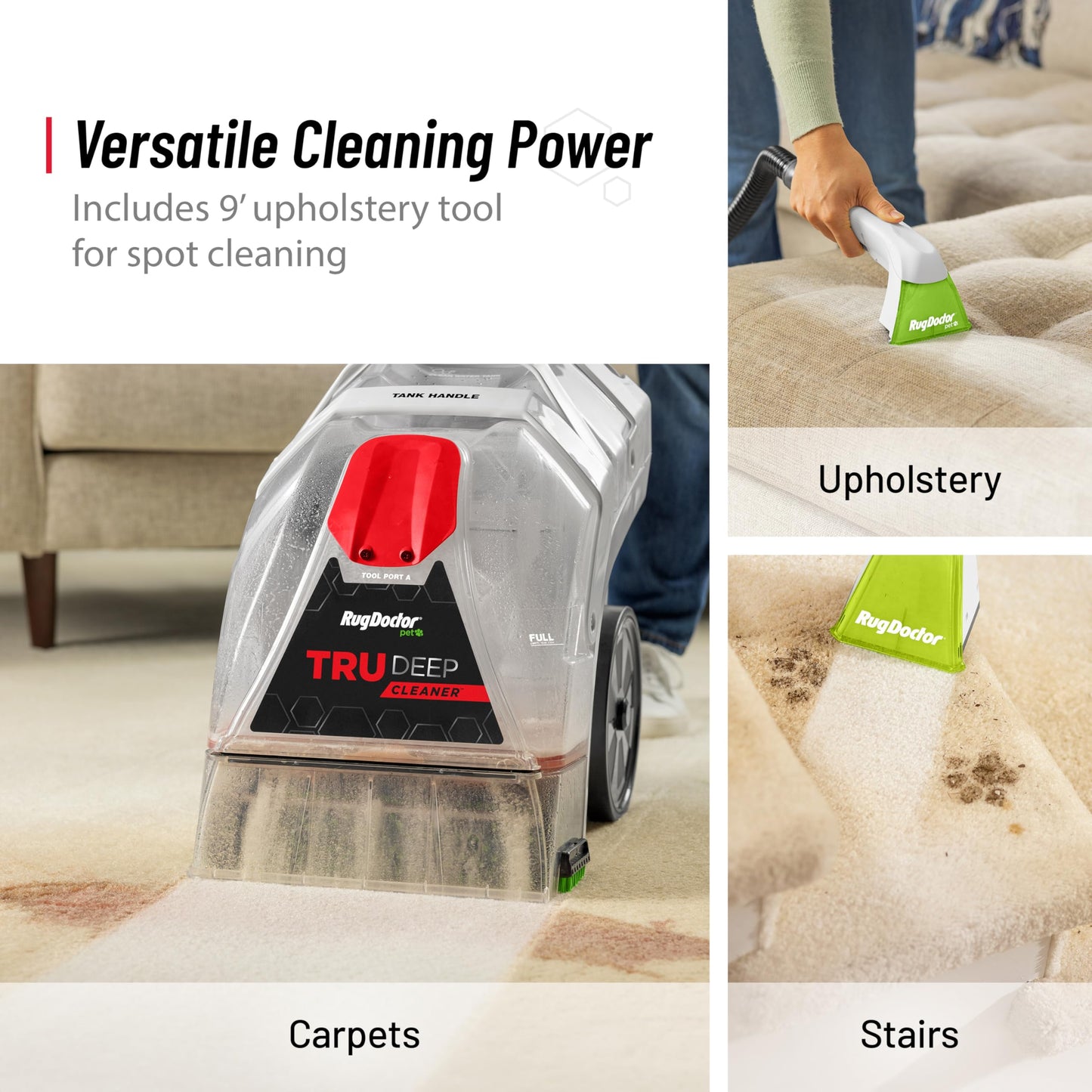 Rug Doctor Pet TruDeep CleanerTM, Pet Upholstery Tool, Best-In-Class Suction Power, Dual Cross-Action Brush Technology for One-Pass Cleaning, Professional-Grade Carpet Cleaner