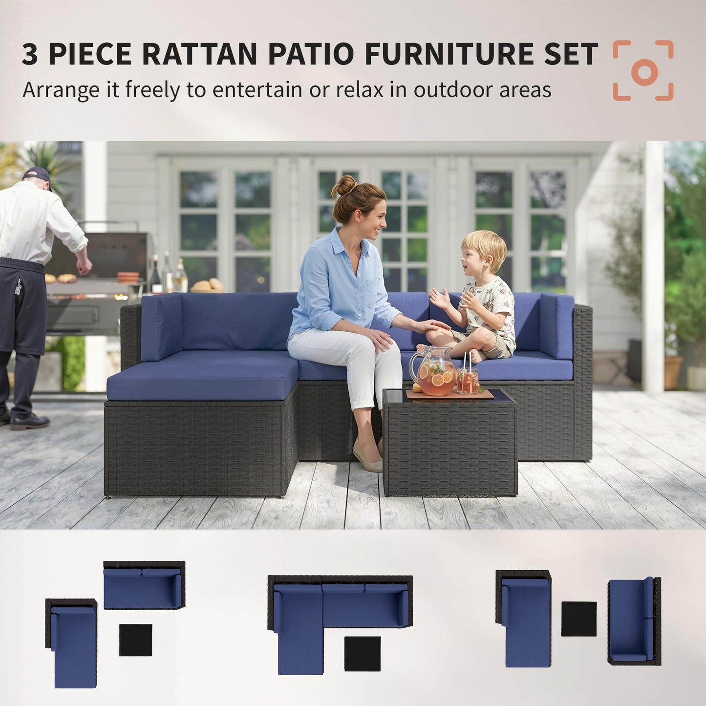 Outsunny 3 Piece Patio Furniture Set, Wicker Rattan Outdoor Patio Conversation Furniture Set with Cushions, Glass Top Coffee Table, Deep Seating for Garden, Backyard, Porch, Navy Blue