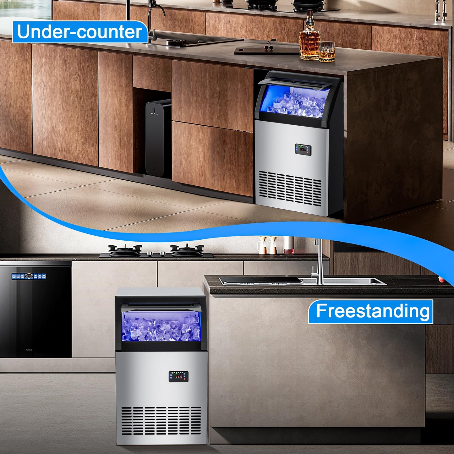 Commercial Ice Maker Machine 200lbs/24H,Stainless Steel Spray Drench Ice Maker 60lbs Storage,50pcs Hat Cubes Per Cycle,Freestanding Gourmet Ice Maker Self-Cleaning for Office, Restaurant, and Bar