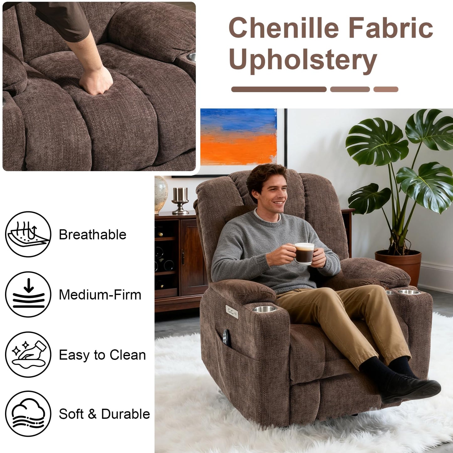 RHHVVR Power Lift Recliner Chair for Eldery, Chenille Electric Recliner Chairs with Massage and Heat, Remote Control Standing Assistance Lay Flat Recliner Sofa for Living Room Medium-Firm,Brown