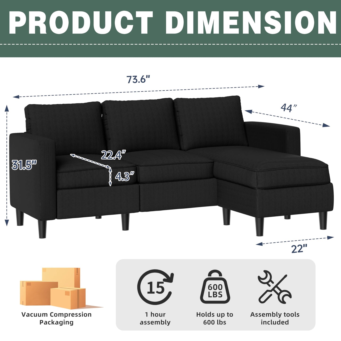 SUNLEI L-Shaped Sectional Sofa, Sectional Couches with Reversible Ottoma, 3-Seat Small Couch, Modern Ribbed Fabric Sofa for Living Room Apartment, Compact Comfy Upholstered Couch, Matte Black