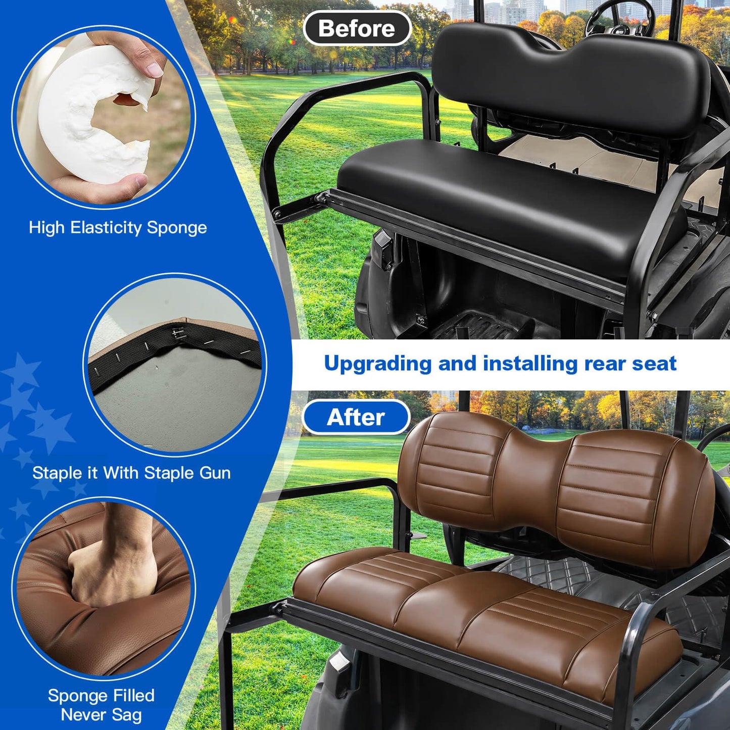 NOKINS Golf Cart Premium Front and Rear Seat Cushion Kit,Seat Back & Seat Bottom Cushion Assembly (Coffee Brown, Fits Aftermarket Standard Rear Seat)