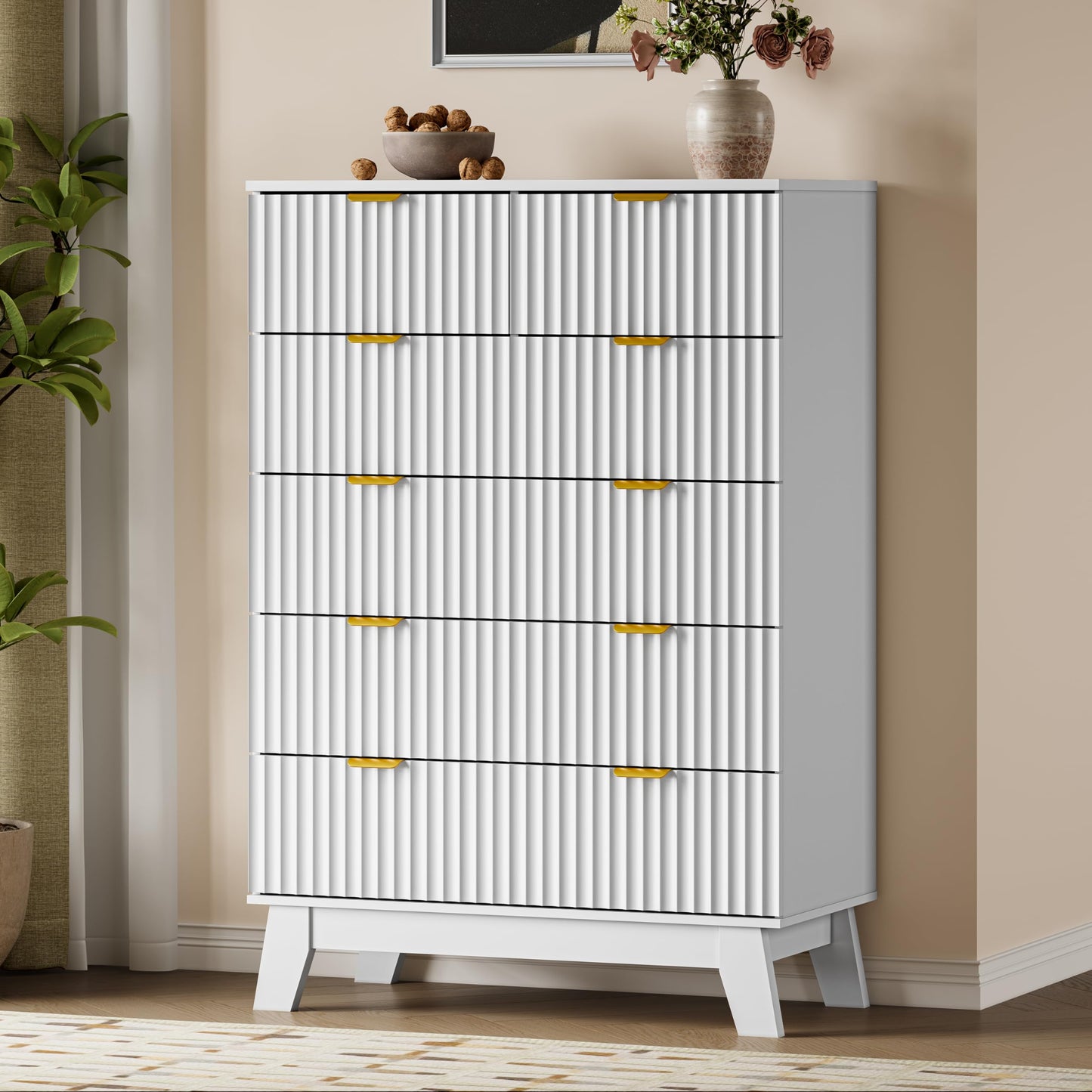 BORNOON 46" Tall Dresser for Bedroom, 6-Drawer Fluted Chest of Drawers, Modern Wood Highboy with Deep Storage, Metal Slides and Handles, Anti-Tip Kit, Vertical Clothes Organizer for Apartment, Nursery