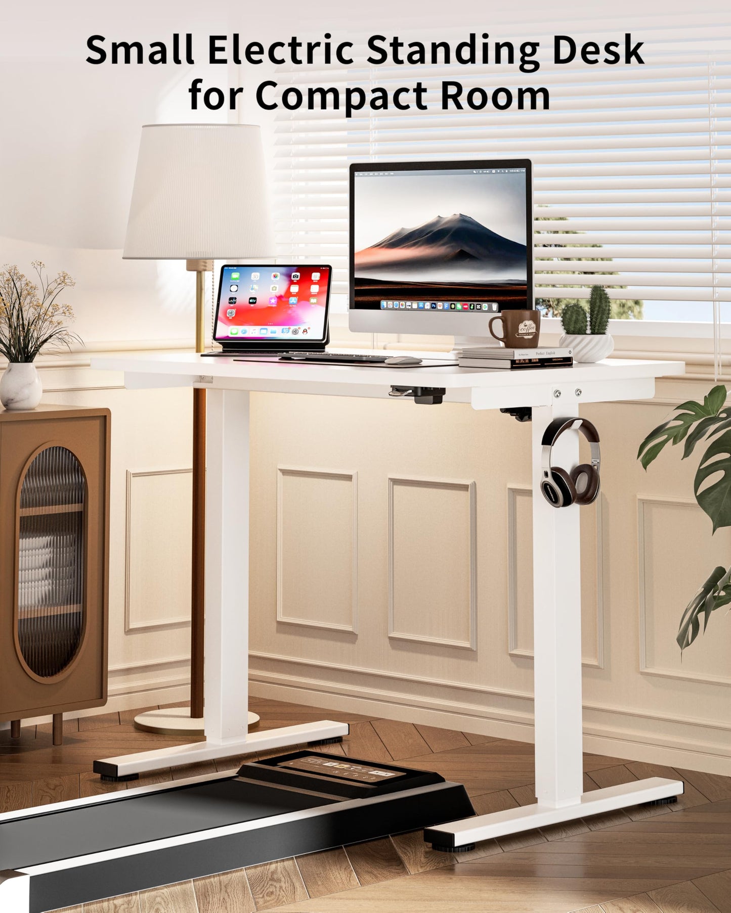 Okin Small Electric Standing Desk, 36" x 24" Whole Piece Height Adjustable Desk, White Sit to Stand Computer Workstation for Home Office