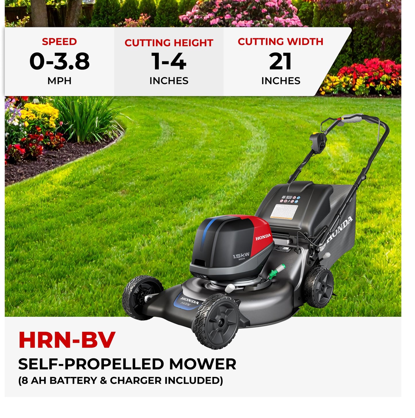 Honda HRN-BV 21-Inch Walk Behind Battery Powered Lawn Mower, Variable Speed Self Propelled Lawn Mower with 1.9 Bushel Capacity, Easy-Off Grass Bag, Clean Cuts in Thick and Tall Grass (HRN216YXBVKA4)