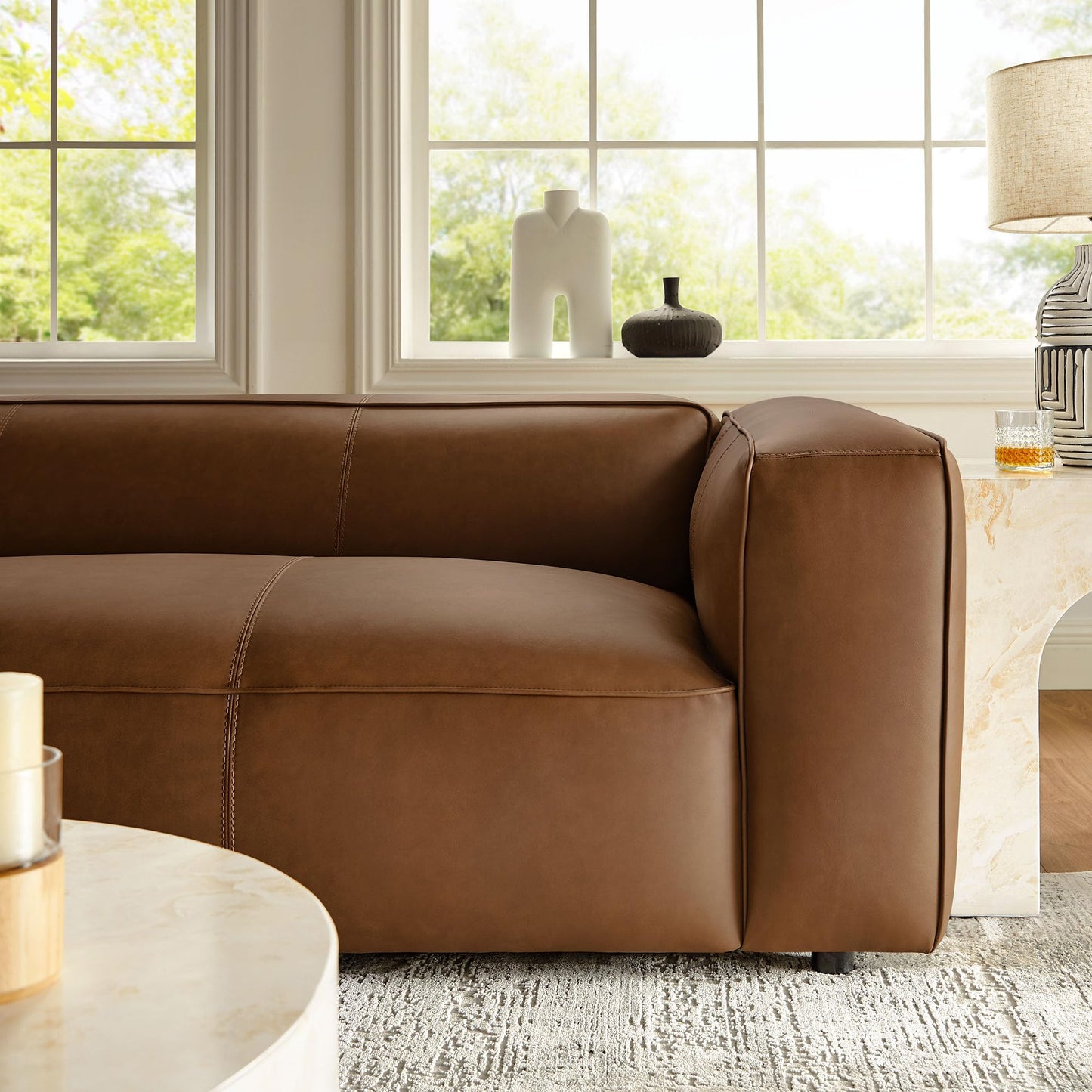 Modway Auren Vegan Leather Sofa in Coffee - Faux Leather Couch - Comfy Modern PU Leather Sofa - Oversized Mid Century Modern Couch for Living Room, Apartment, Loft
