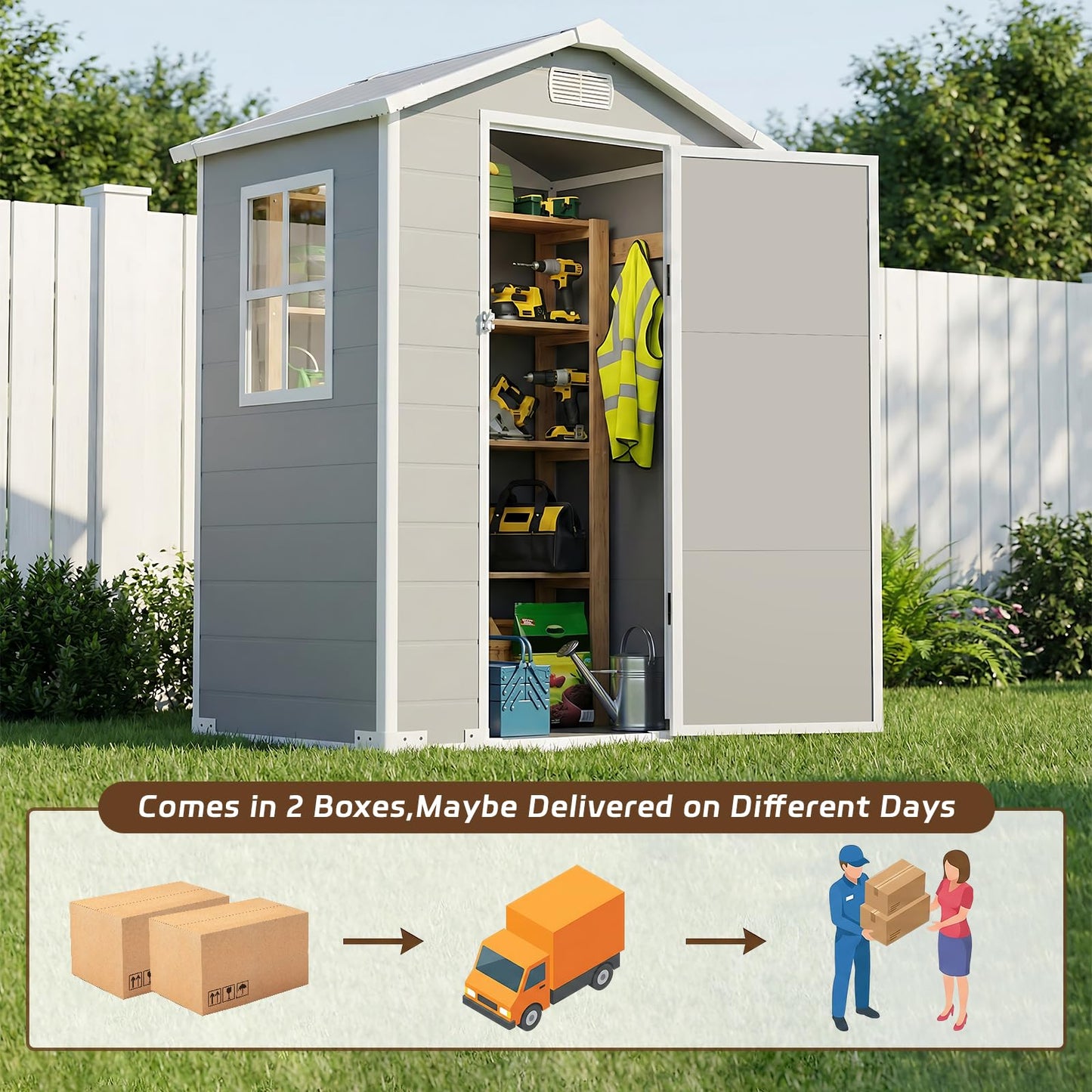 4x3 FT Outdoor Storage Shed, Resin Shed with Sloped Roof and Rain Holes, Storage Shed with Lockable Door and Transport Ramp, with Window＆Vent,Suitable for Backyard, Garden, Patio, Lawn, Gray