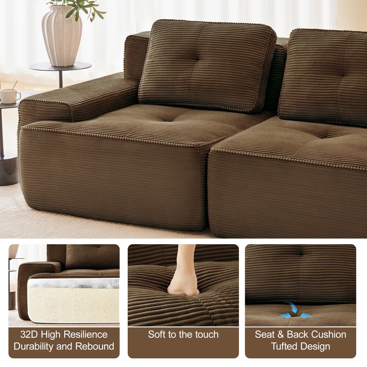 KEIKI 80" Oversized Corduroy Modular Sectional Loveseat Sofa with High-Density Foam Cushion & 2 Pillow, Upholstered Anti-slip Design 2-Seater Tufted Couch, No Assembly Required, for Living Room, Brown